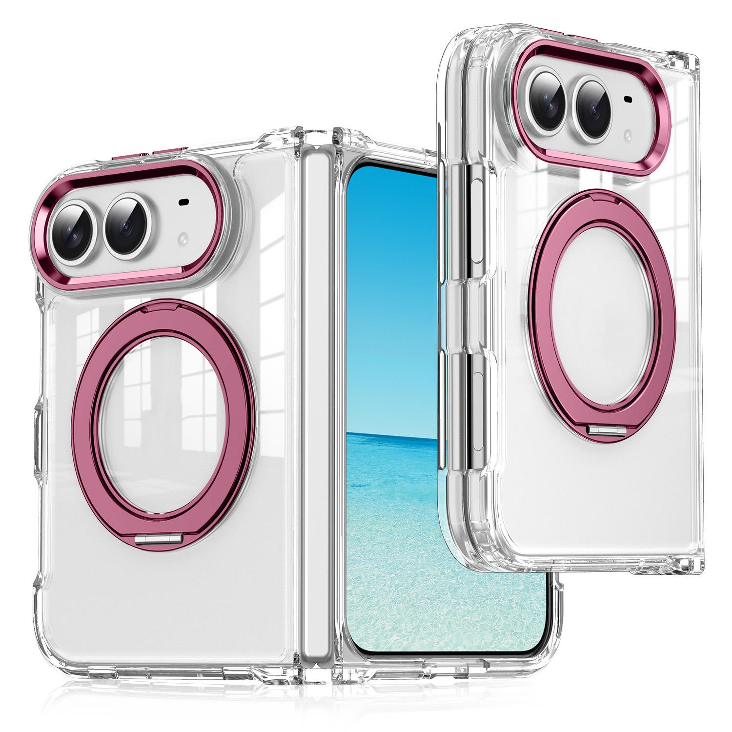 For iPhone Fold Four-corner Airbag Acrylic Transparent TPU Magnetic Phone Case with 360-degree Stand(Cherry Red) - Shopkiz.com