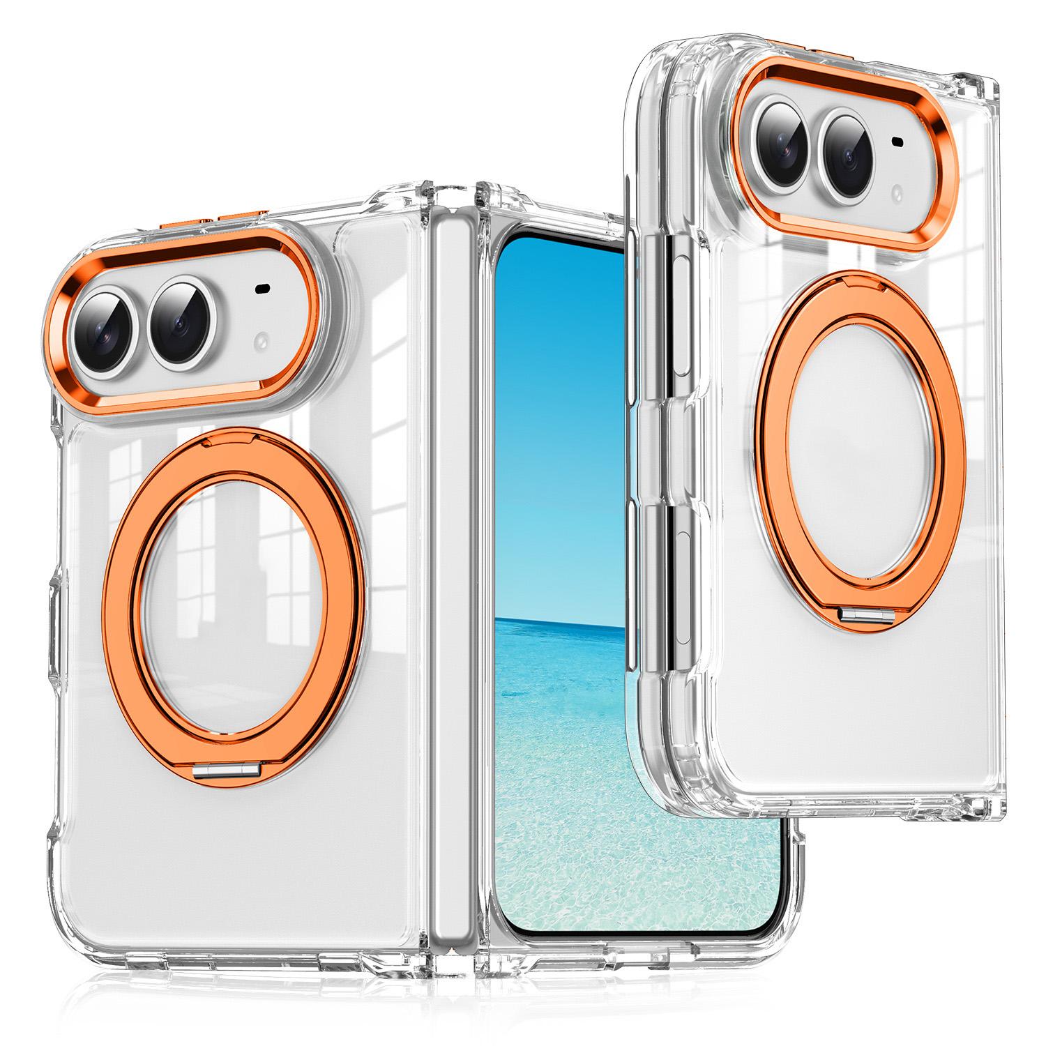 For iPhone Fold Four-corner Airbag Acrylic Transparent TPU Magnetic Phone Case with 360-degree Stand(Orange) - Shopkiz.com