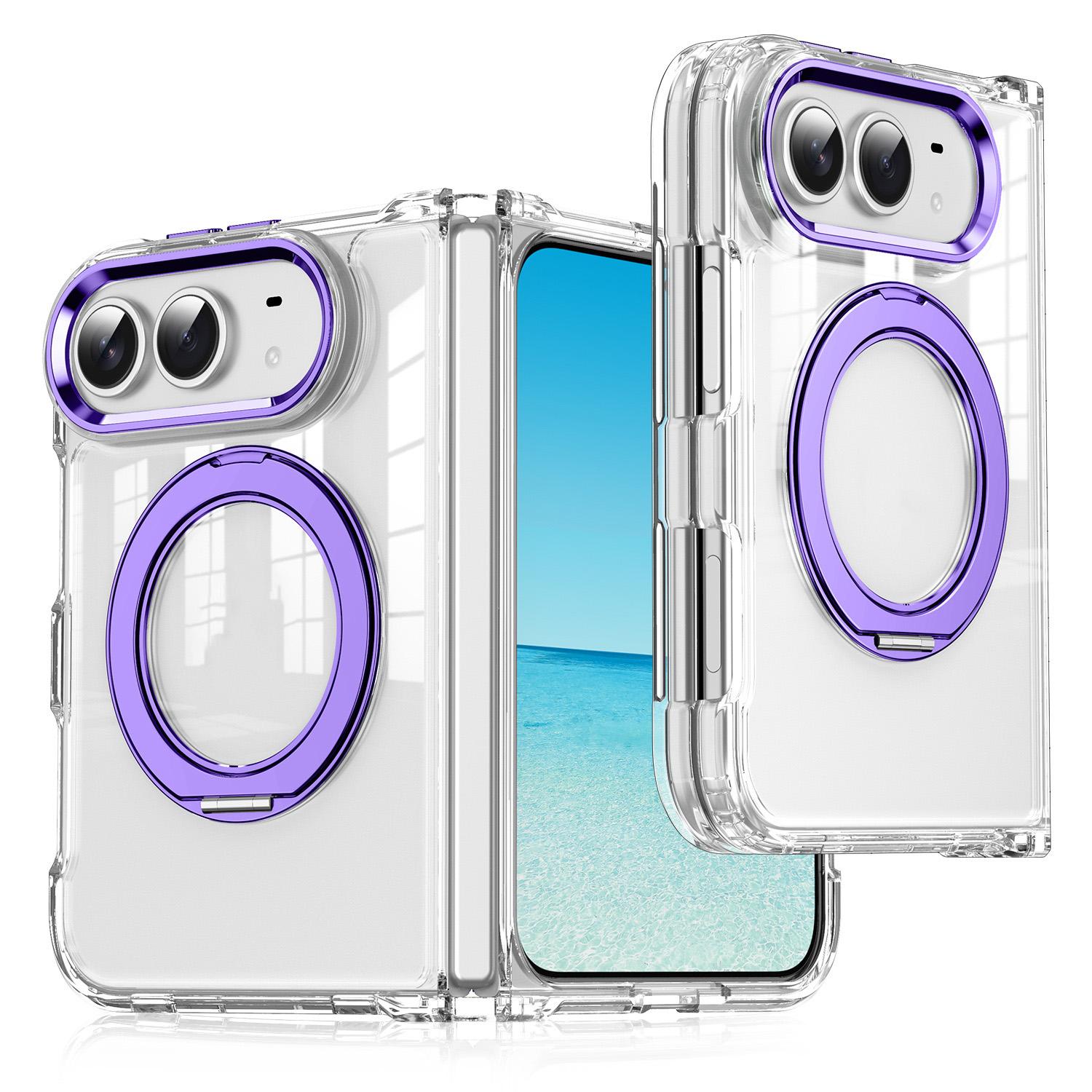 For iPhone Fold Four-corner Airbag Acrylic Transparent TPU Magnetic Phone Case with 360-degree Stand(Night Purple) - Shopkiz.com