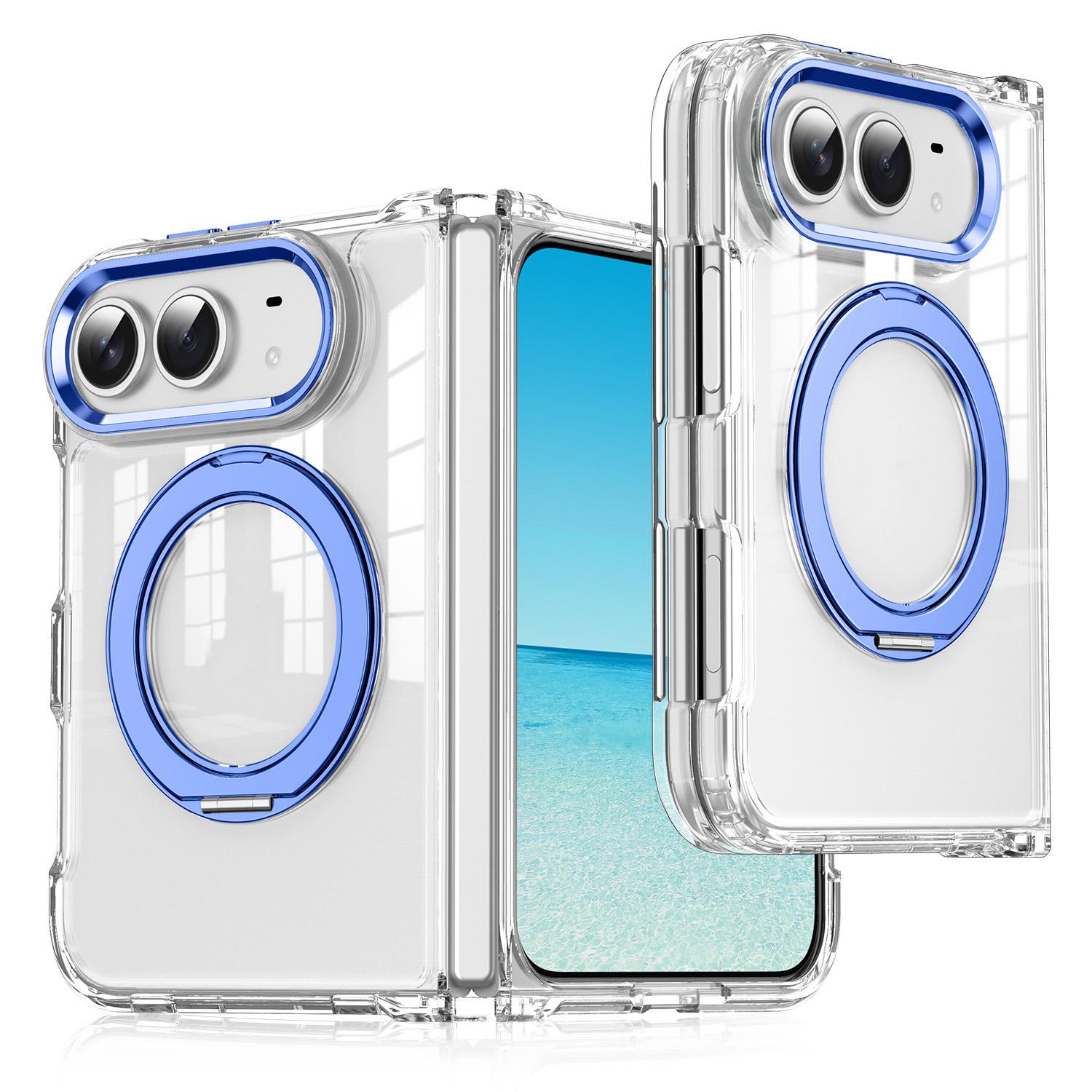 For iPhone Fold Four-corner Airbag Acrylic Transparent TPU Magnetic Phone Case with 360-degree Stand(Blue) - Shopkiz.com