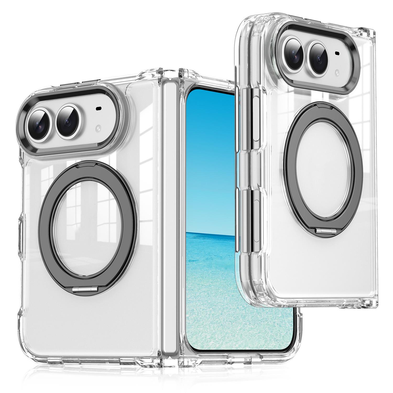 For iPhone Fold Four-corner Airbag Acrylic Transparent TPU Magnetic Phone Case with 360-degree Stand(Black) - Shopkiz.com