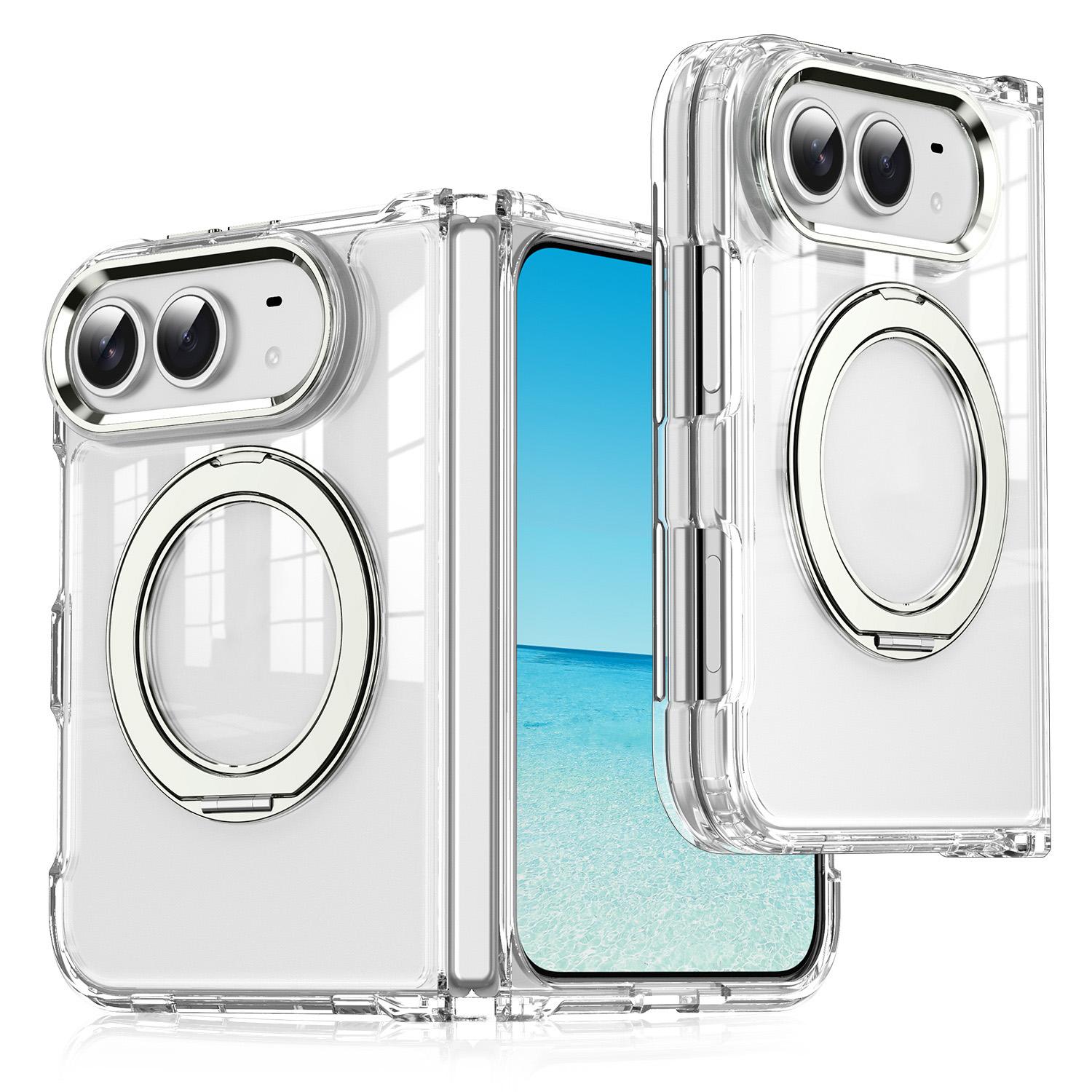 For iPhone Fold Four-corner Airbag Acrylic Transparent TPU Magnetic Phone Case with 360-degree Stand(Titanium Gray) - Shopkiz.com