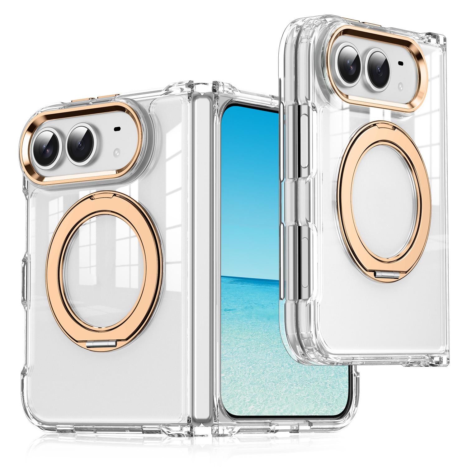 For iPhone Fold Four-corner Airbag Acrylic Transparent TPU Magnetic Phone Case with 360-degree Stand(Gold) - Shopkiz.com