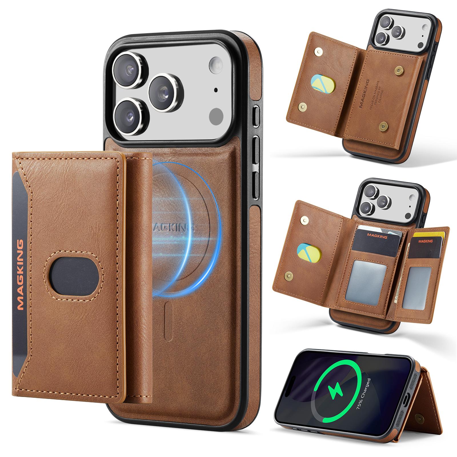For iPhone 18 Pro Max MAGKING K5 Series RFID Tri-fold Card Bag Detachable Magnetic Phone Case(Brown) - Shopkiz.com