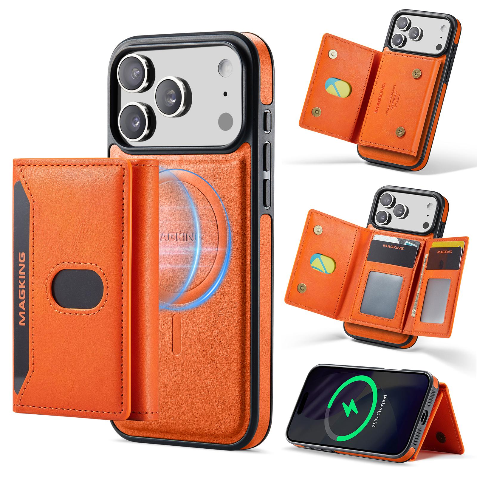 For iPhone 18 Pro Max MAGKING K5 Series RFID Tri-fold Card Bag Detachable Magnetic Phone Case(Orange) - Shopkiz.com
