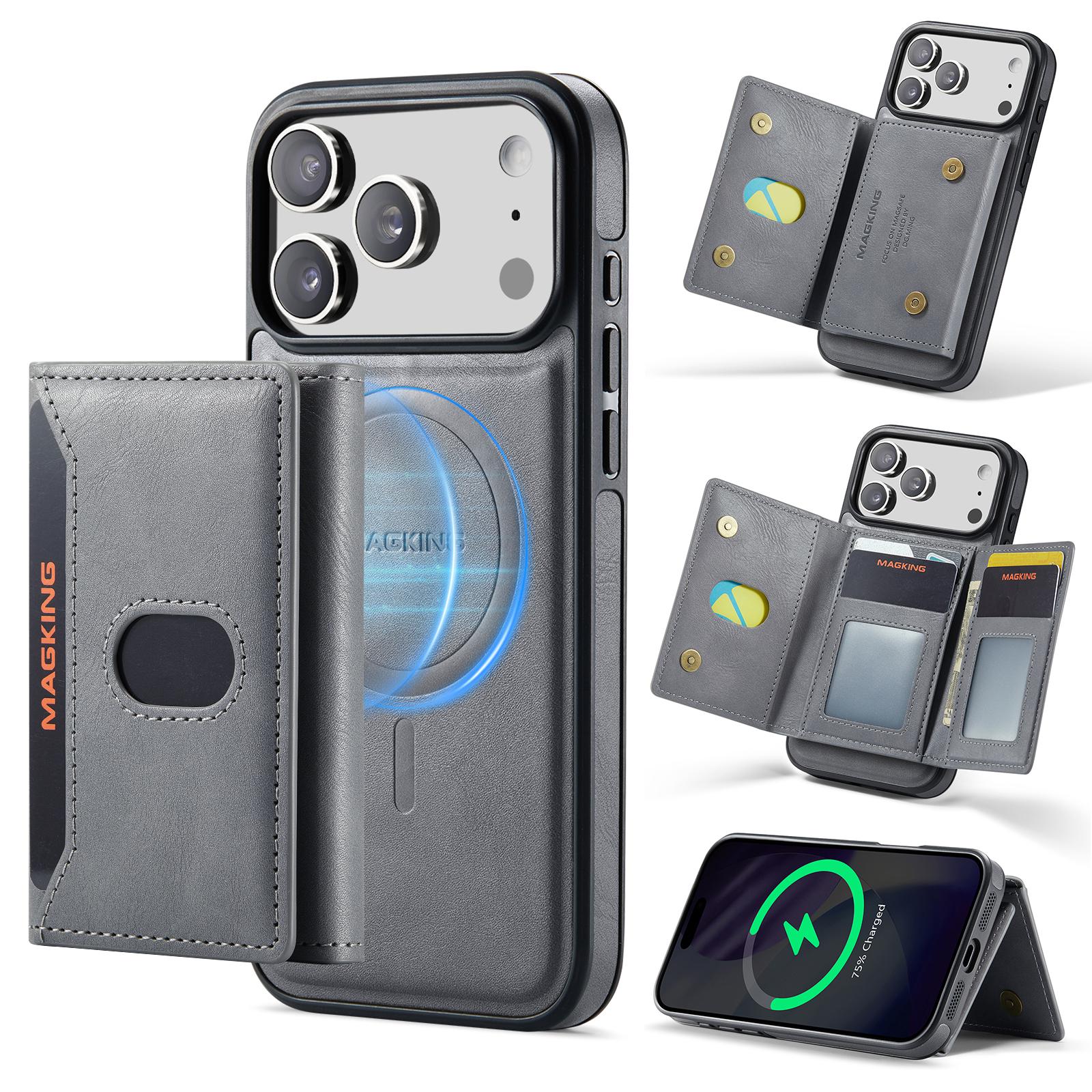 For iPhone 18 Pro Max MAGKING K5 Series RFID Tri-fold Card Bag Detachable Magnetic Phone Case(Grey) - Shopkiz.com