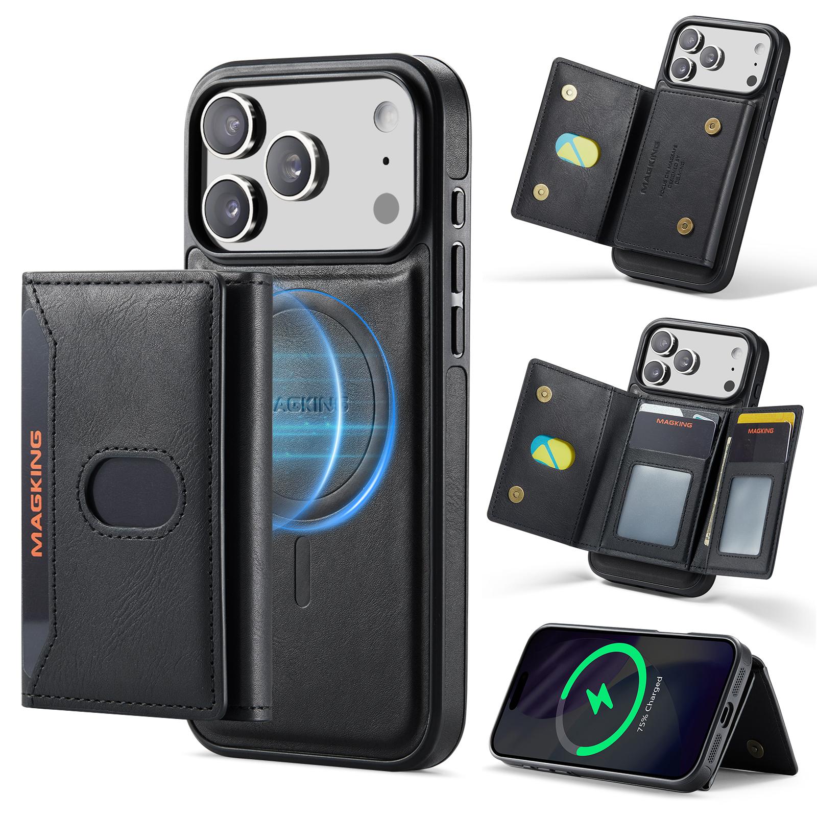 For iPhone 17 Pro Max MAGKING K5 Series RFID Tri-fold Card Bag Detachable Magnetic Phone Case(Black) - Shopkiz.com