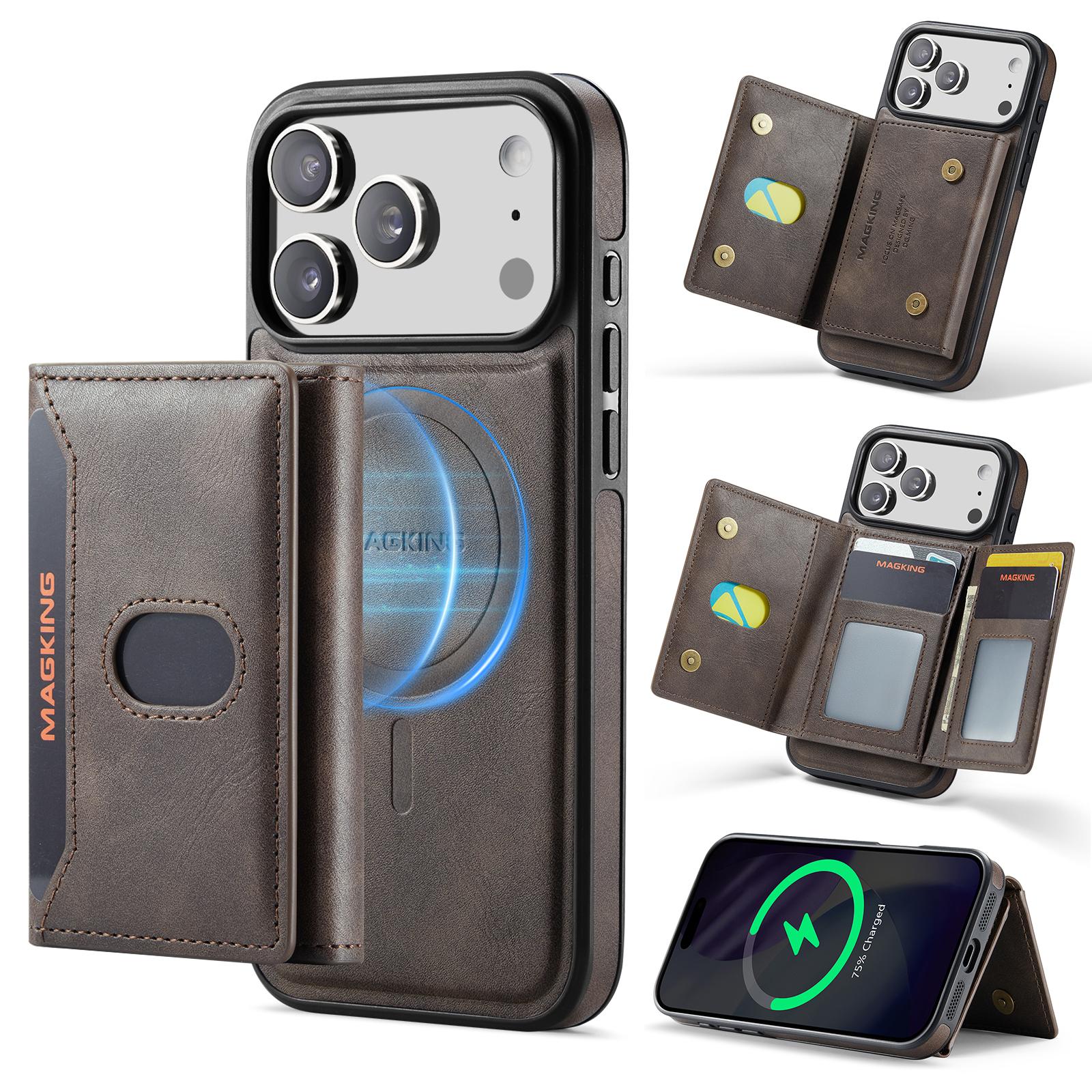 For iPhone 17 Pro Max MAGKING K5 Series RFID Tri-fold Card Bag Detachable Magnetic Phone Case(Coffee) - Shopkiz.com