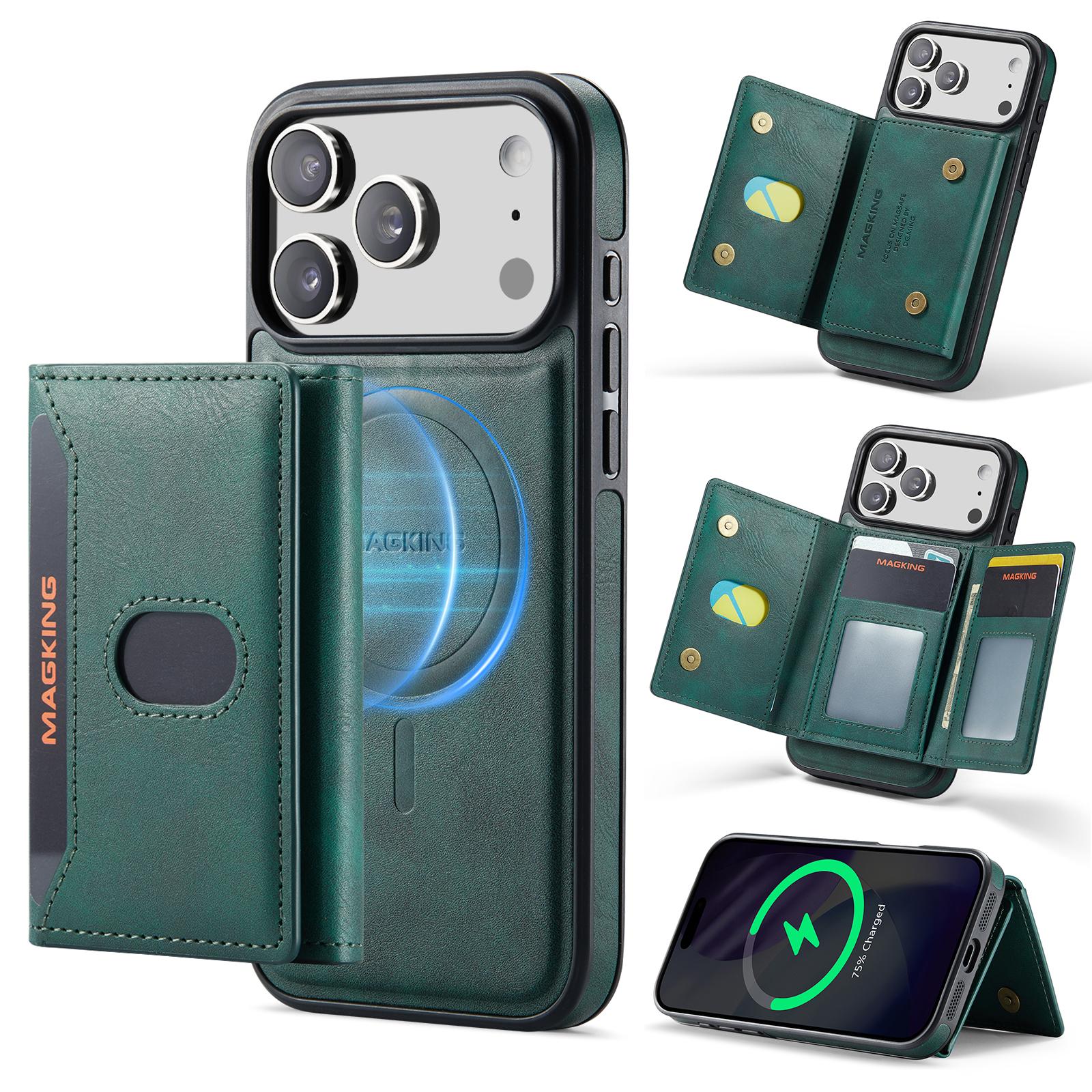 For iPhone 17 Pro Max MAGKING K5 Series RFID Tri-fold Card Bag Detachable Magnetic Phone Case(Green) - Shopkiz.com