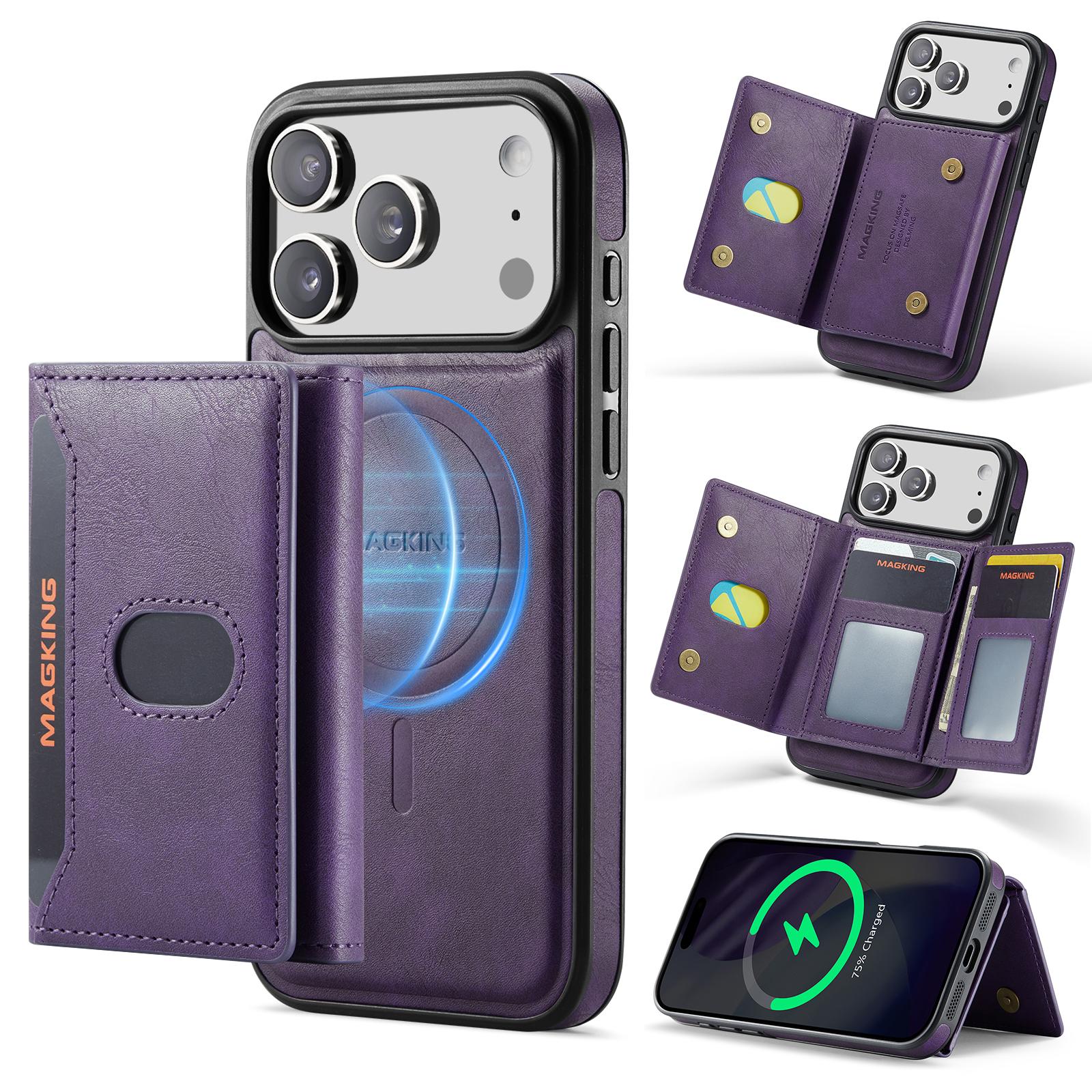 For iPhone 17 Pro Max MAGKING K5 Series RFID Tri-fold Card Bag Detachable Magnetic Phone Case(Purple) - Shopkiz.com