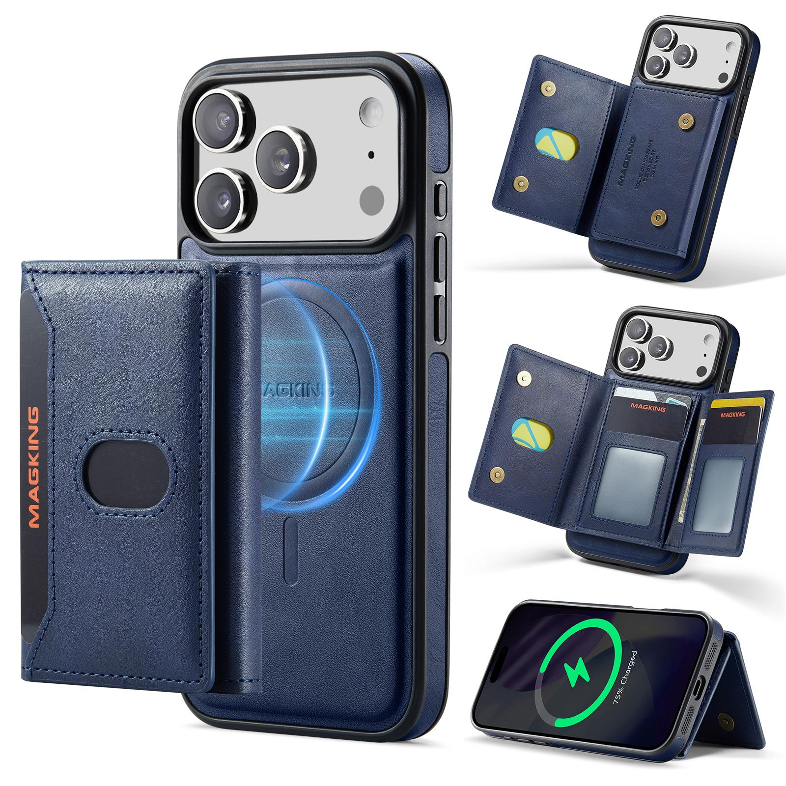 For iPhone 17 Pro Max MAGKING K5 Series RFID Tri-fold Card Bag Detachable Magnetic Phone Case(Blue) - Shopkiz.com