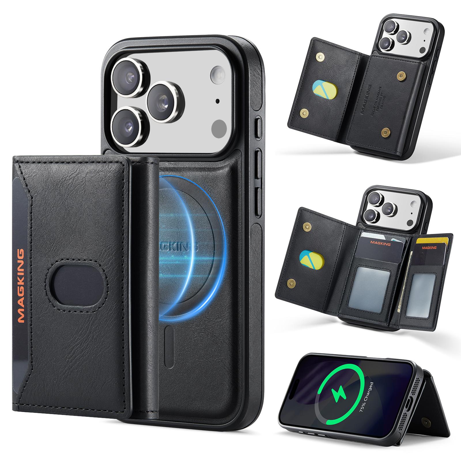 For iPhone 17 Pro MAGKING K5 Series RFID Tri-fold Card Bag Detachable Magnetic Phone Case(Black) - Shopkiz.com