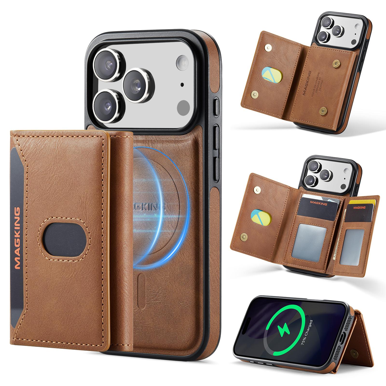 For iPhone 17 Pro MAGKING K5 Series RFID Tri-fold Card Bag Detachable Magnetic Phone Case(Brown) - Shopkiz.com