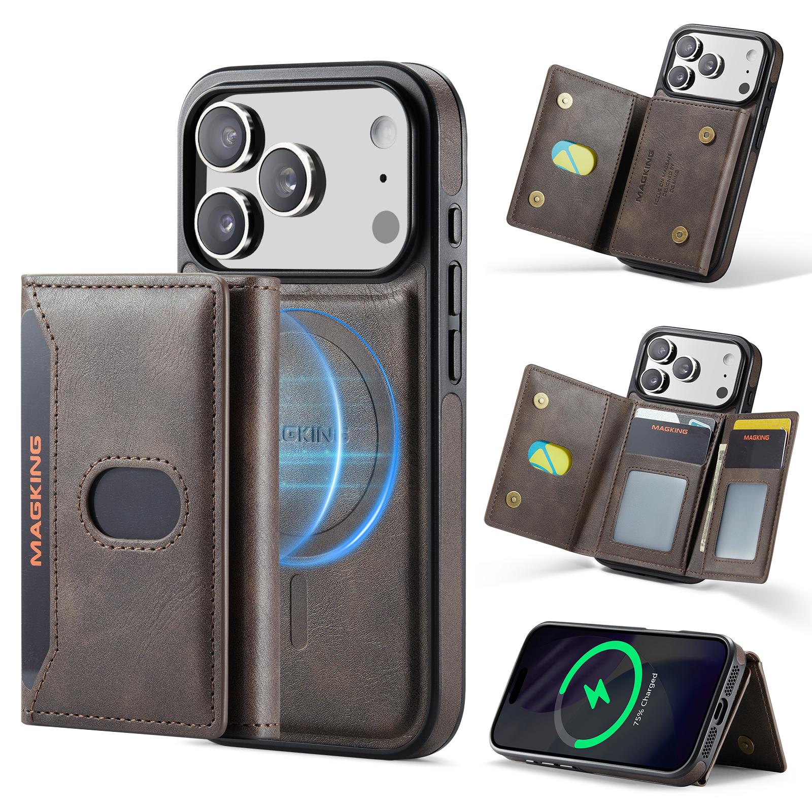 For iPhone 17 Pro MAGKING K5 Series RFID Tri-fold Card Bag Detachable Magnetic Phone Case(Coffee) - Shopkiz.com