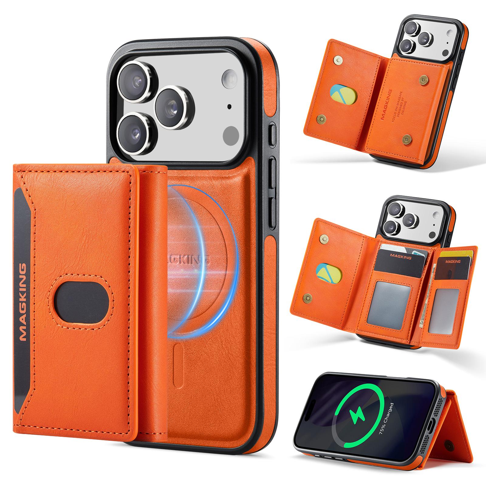 For iPhone 17 Pro MAGKING K5 Series RFID Tri-fold Card Bag Detachable Magnetic Phone Case(Orange) - Shopkiz.com