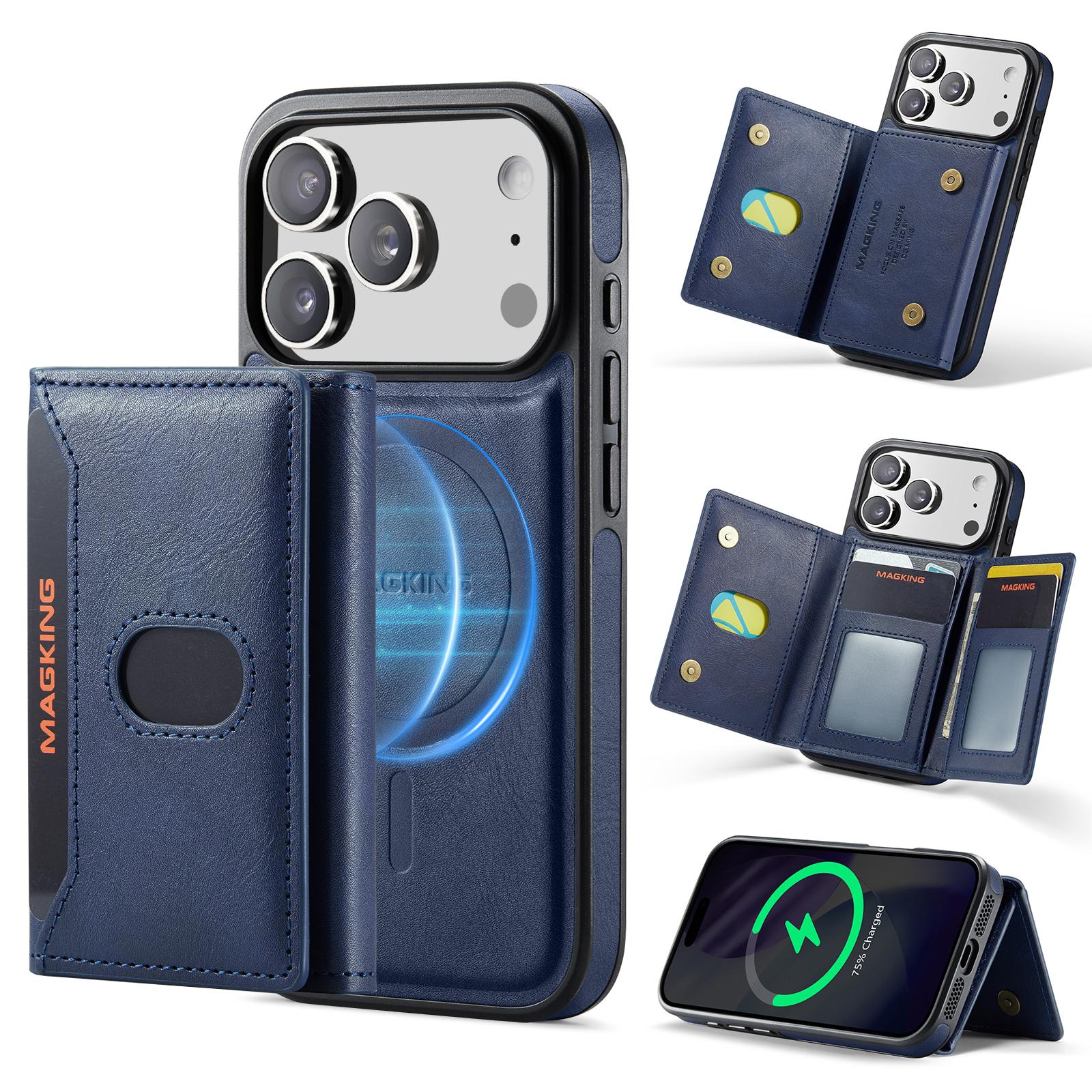 For iPhone 17 Pro MAGKING K5 Series RFID Tri-fold Card Bag Detachable Magnetic Phone Case(Blue) - Shopkiz.com