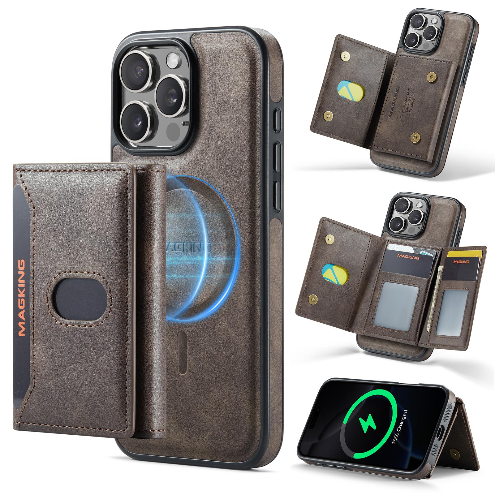 For iPhone 16 Pro Max MAGKING K5 Series RFID Tri-fold Card Bag Detachable Magnetic Phone Case(Coffee) - Shopkiz.com