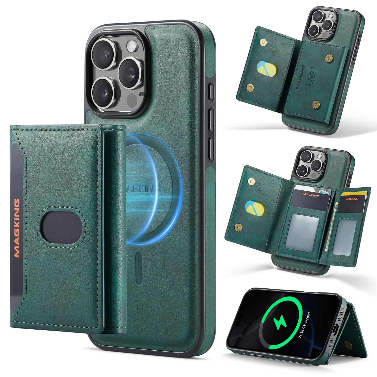 For iPhone 16 Pro Max MAGKING K5 Series RFID Tri-fold Card Bag Detachable Magnetic Phone Case(Green) - Shopkiz.com