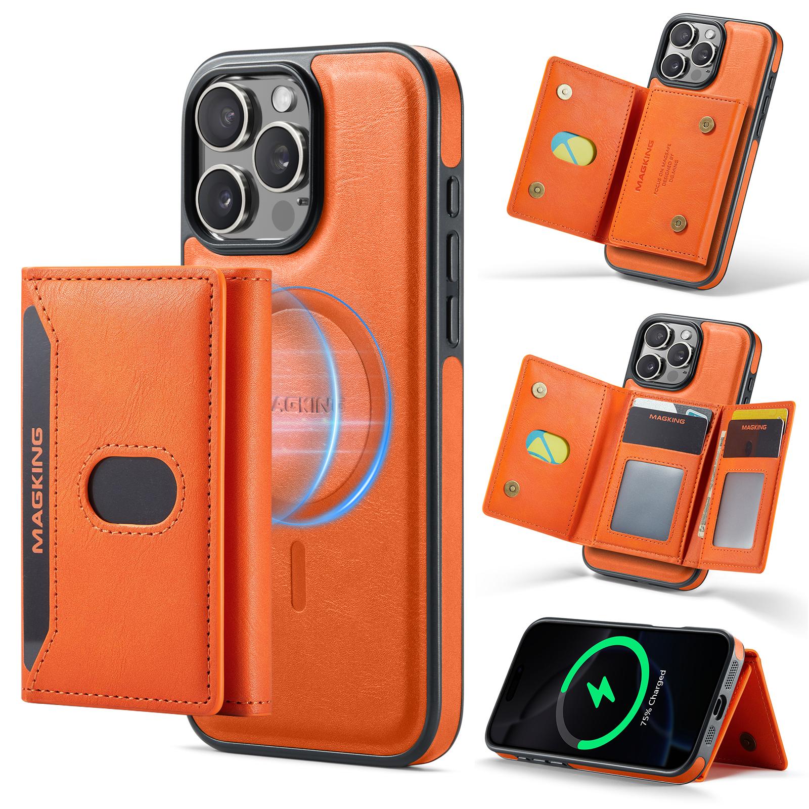 For iPhone 16 Pro MAGKING K5 Series RFID Tri-fold Card Bag Detachable Magnetic Phone Case(Orange) - Shopkiz.com