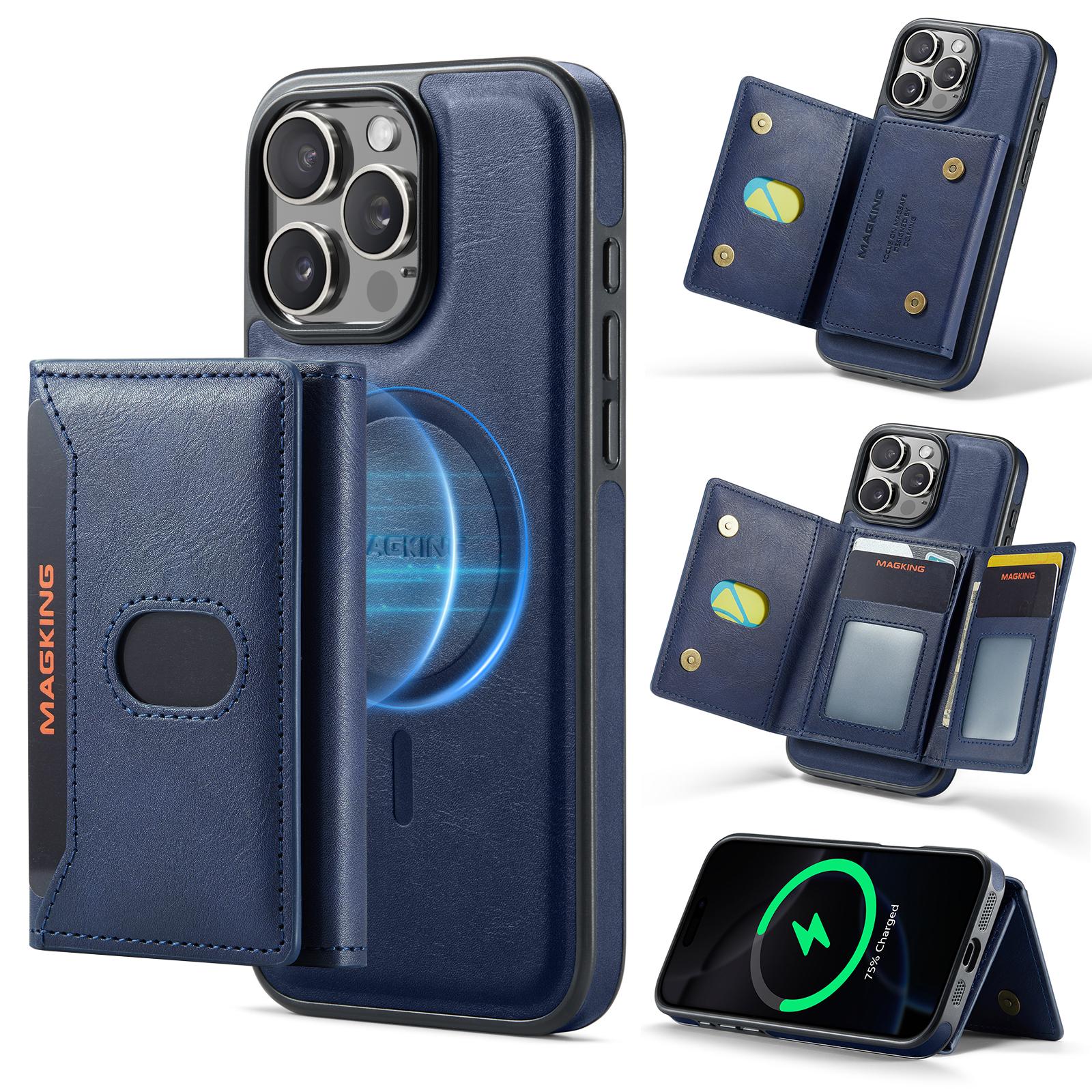 For iPhone 16 Pro MAGKING K5 Series RFID Tri-fold Card Bag Detachable Magnetic Phone Case(Blue) - Shopkiz.com