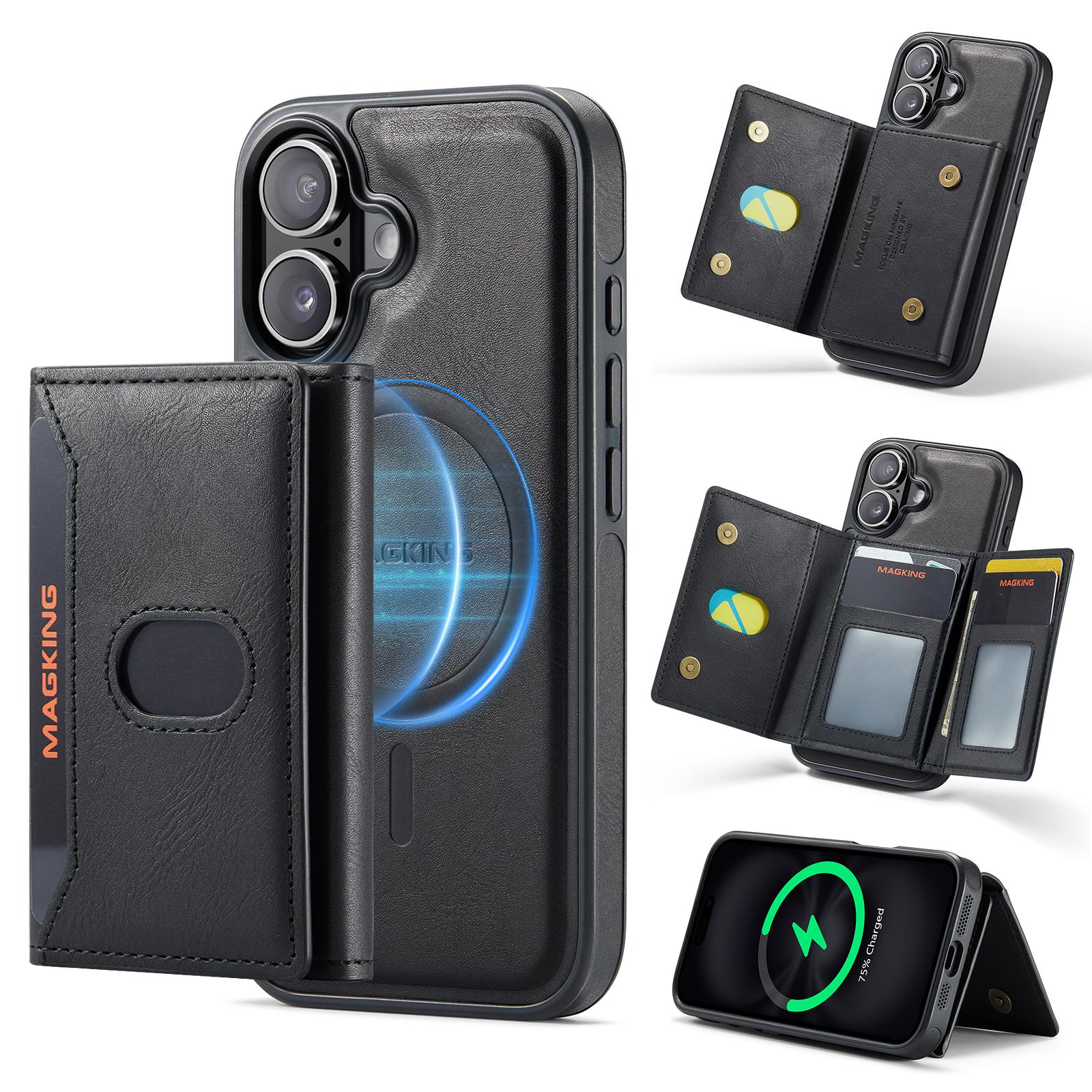 For iPhone 16 MAGKING K5 Series RFID Tri-fold Card Bag Detachable Magnetic Phone Case(Black) - Shopkiz.com