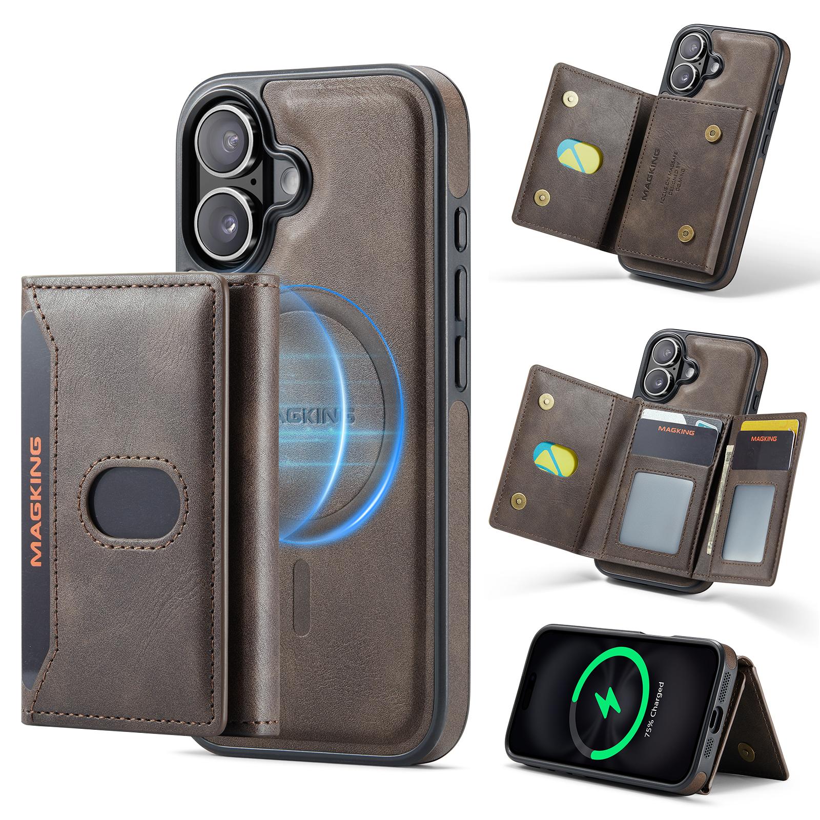 For iPhone 16 MAGKING K5 Series RFID Tri-fold Card Bag Detachable Magnetic Phone Case(Coffee) - Shopkiz.com