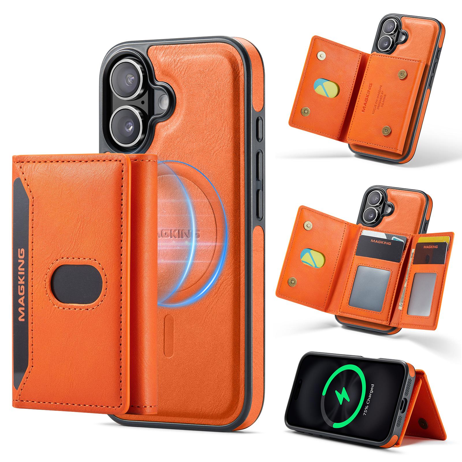 For iPhone 16 MAGKING K5 Series RFID Tri-fold Card Bag Detachable Magnetic Phone Case(Orange) - Shopkiz.com