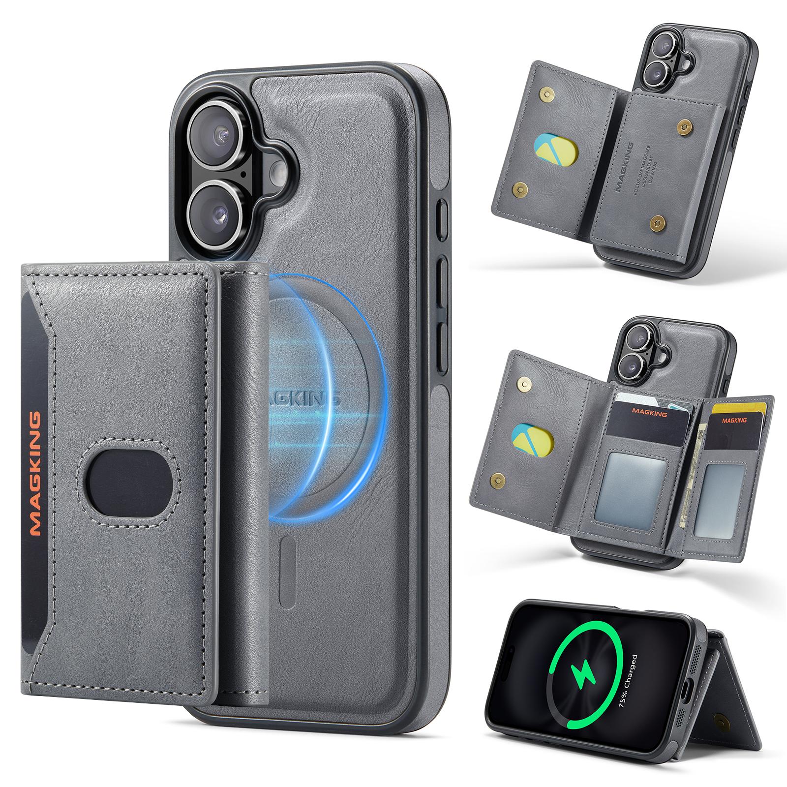 For iPhone 16 MAGKING K5 Series RFID Tri-fold Card Bag Detachable Magnetic Phone Case(Grey) - Shopkiz.com