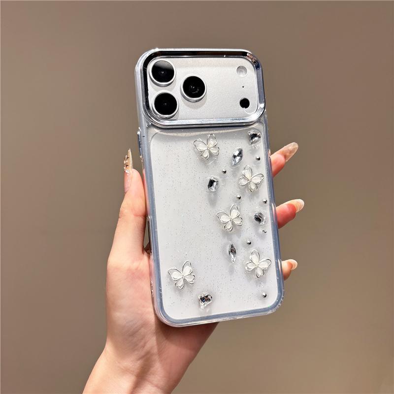 For iPhone 17 Pro Metal Lens Frame Rhinestone Butterfly Design Phone Case - Shopkiz.com
