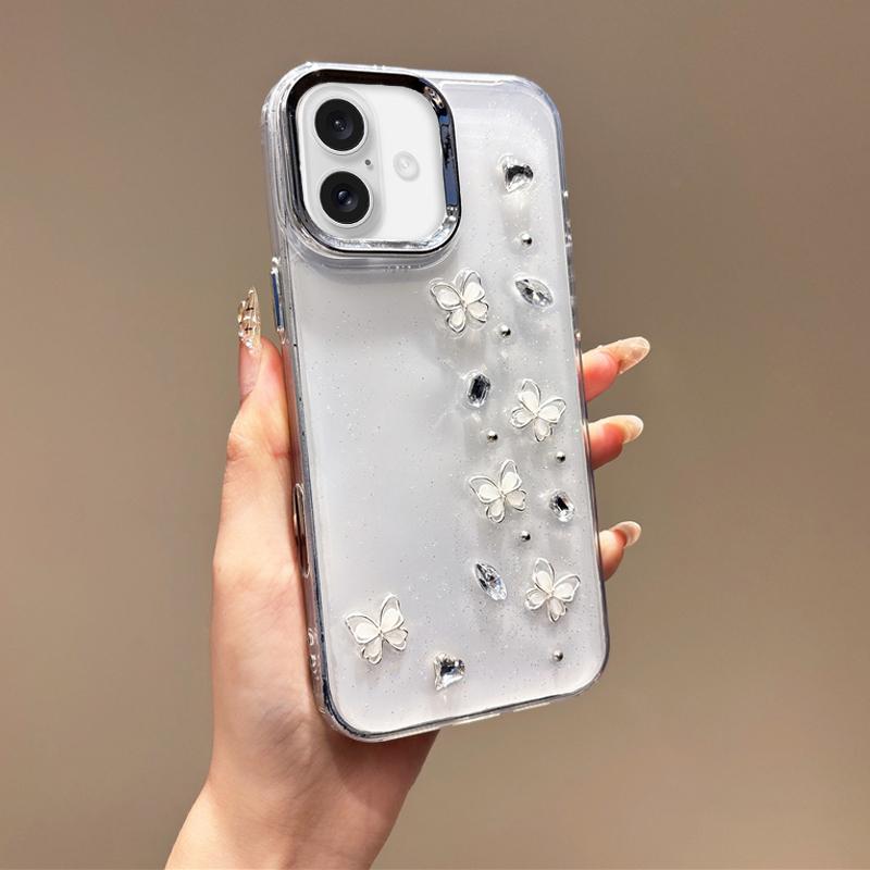 For iPhone 17 Metal Lens Frame Rhinestone Butterfly Design Phone Case - Shopkiz.com