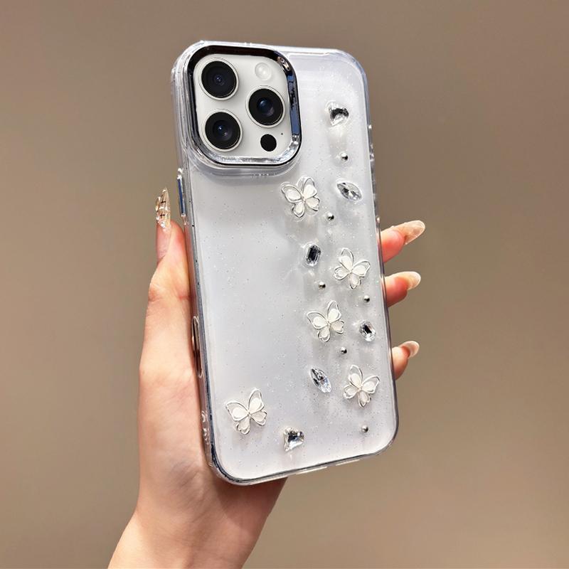 For iPhone 15 Pro Max Metal Lens Frame Rhinestone Butterfly Design Phone Case - Shopkiz.com