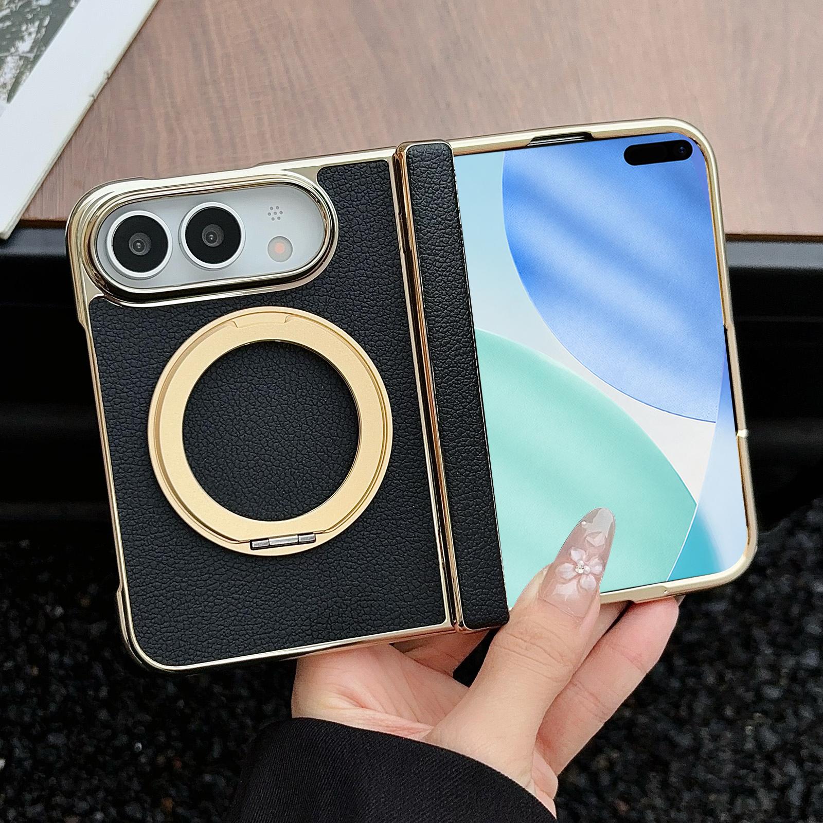 For iPhone Fold Litchi Texture Electroplated Rotating Bracket Magnetic Phone Case(Black) - Shopkiz.com