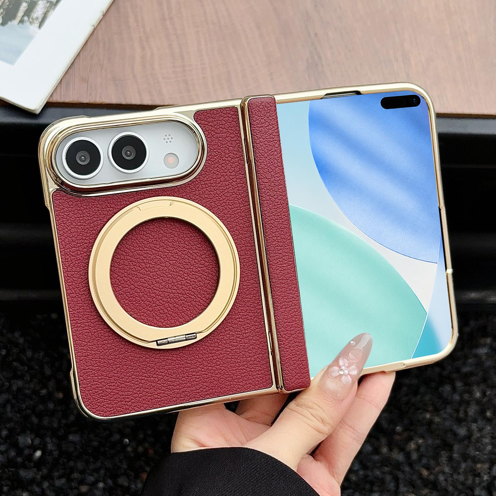 For iPhone Fold Litchi Texture Electroplated Rotating Bracket Magnetic Phone Case(Wine Red) - Shopkiz.com