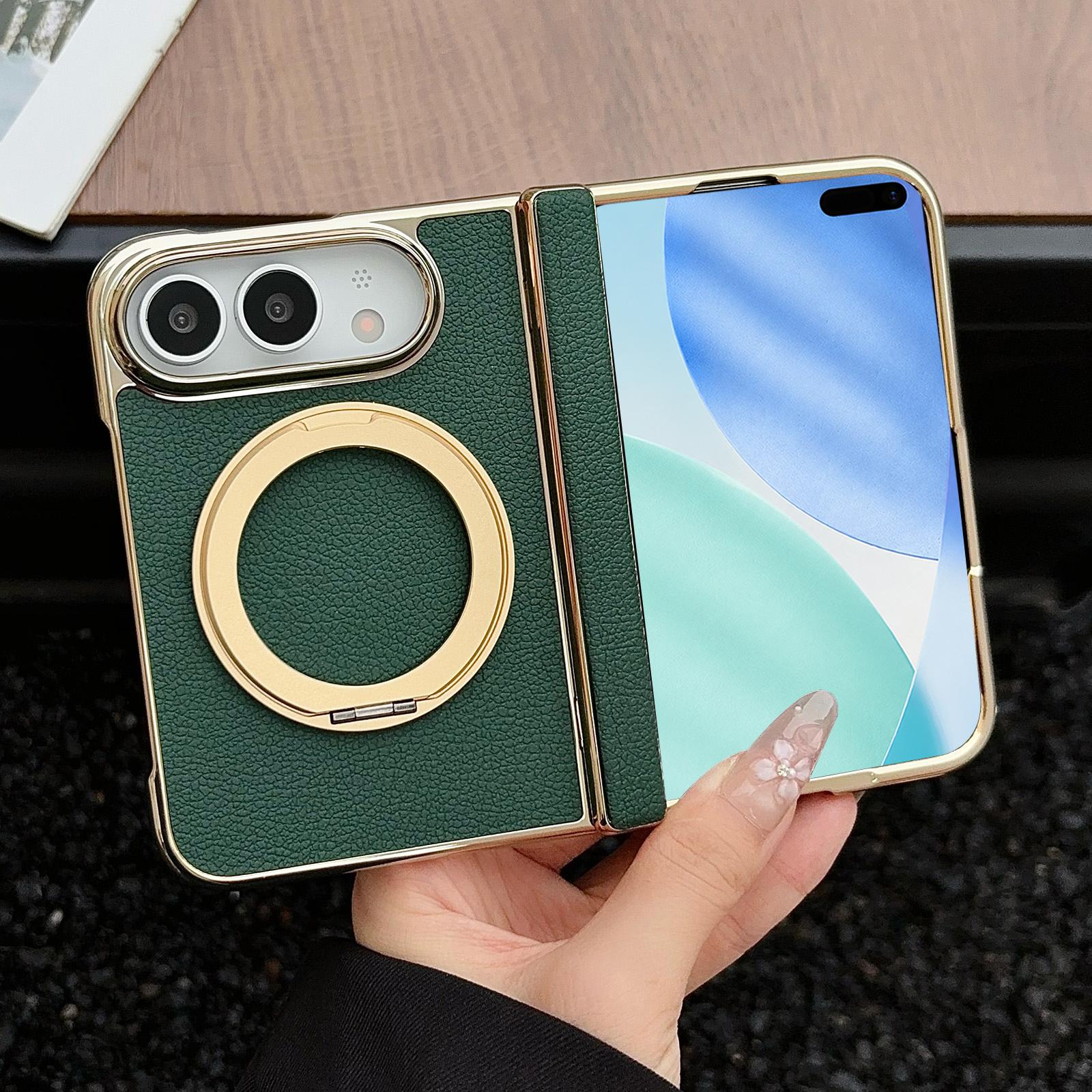 For iPhone Fold Litchi Texture Electroplated Rotating Bracket Magnetic Phone Case(Dark Green) - Shopkiz.com