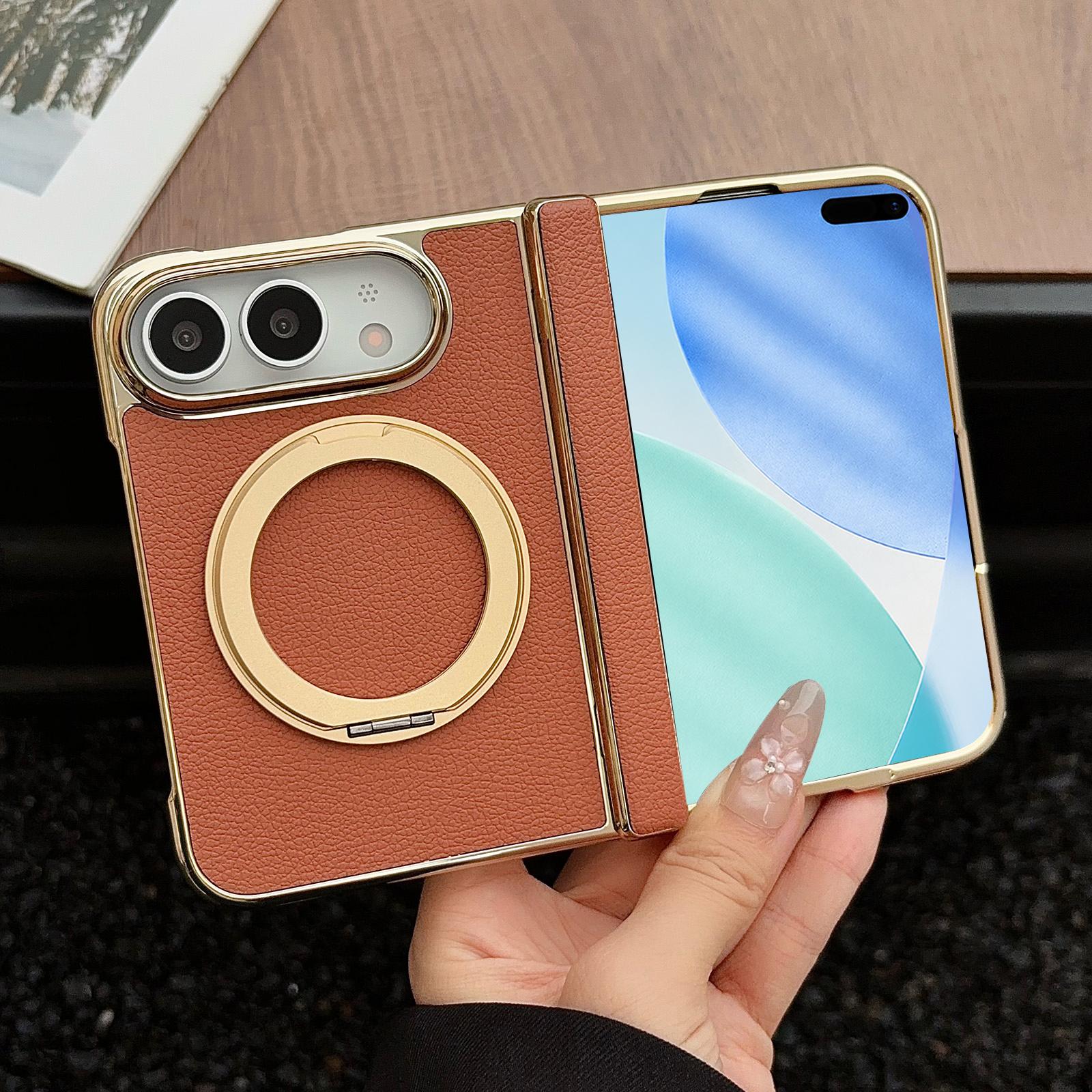 For iPhone Fold Litchi Texture Electroplated Rotating Bracket Magnetic Phone Case(Brown) - Shopkiz.com