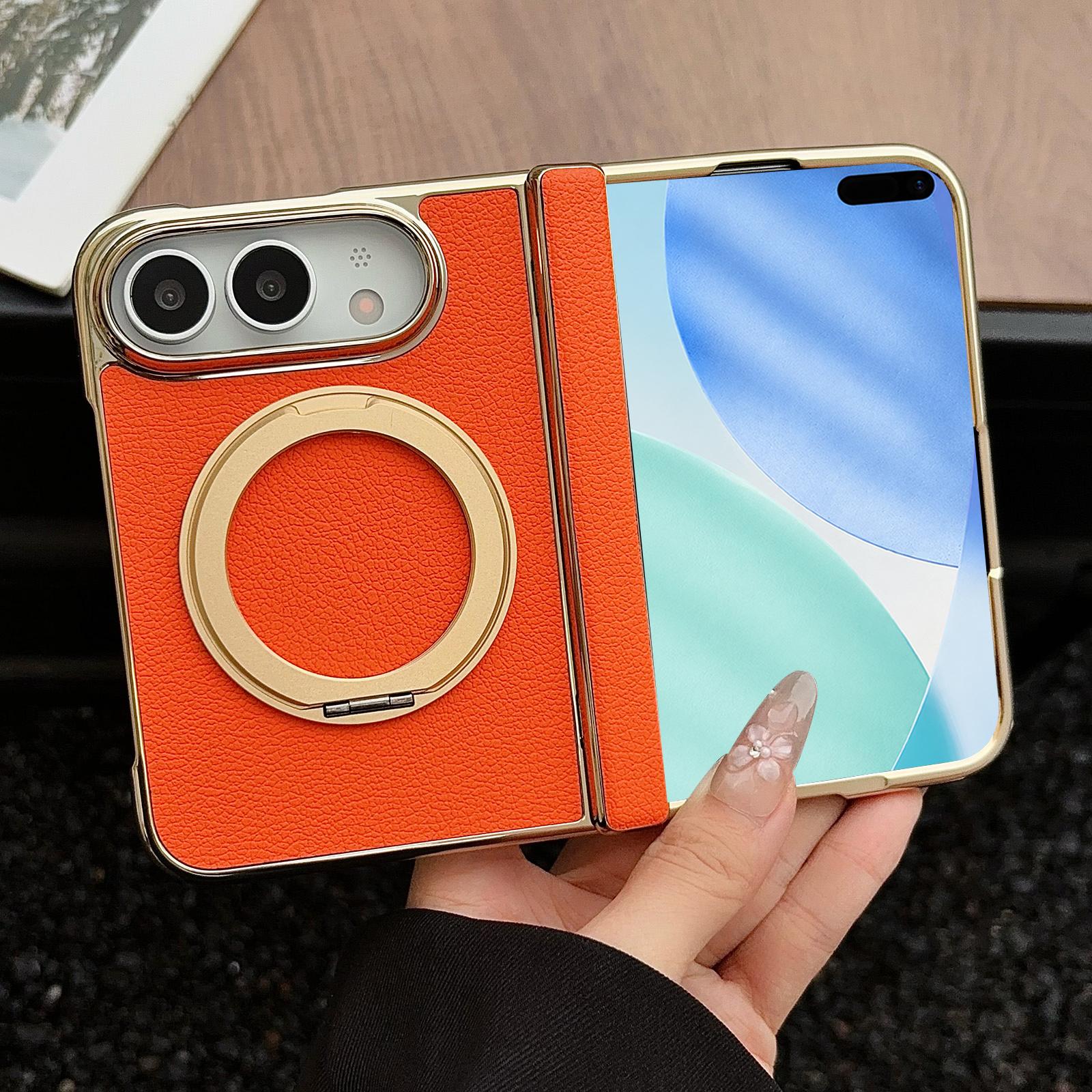 For iPhone Fold Litchi Texture Electroplated Rotating Bracket Magnetic Phone Case(Orange) - Shopkiz.com