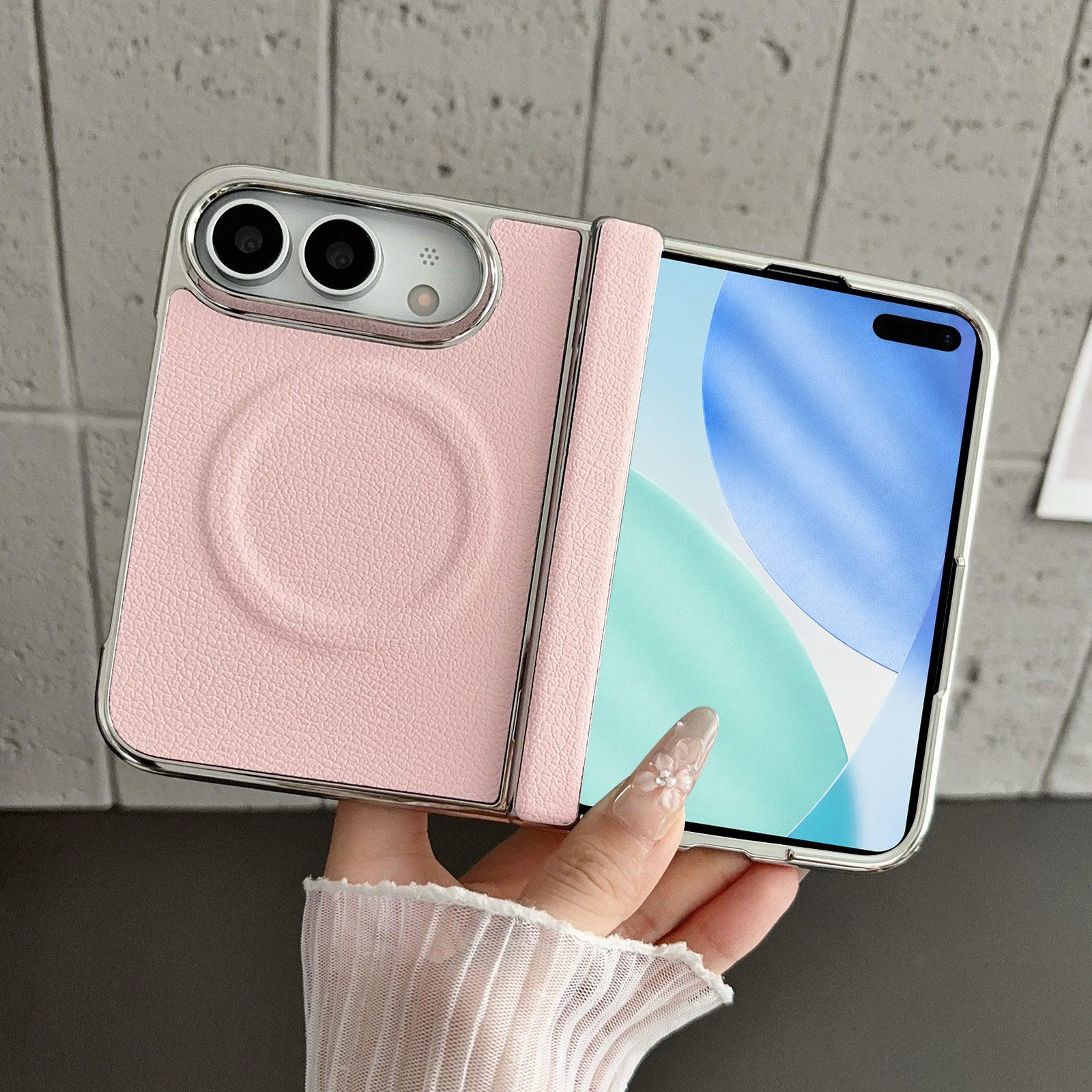 For iPhone Fold Rebound Hinge Electroplated Faux-Leather Magnetic Phone Case(Pink) - Shopkiz.com