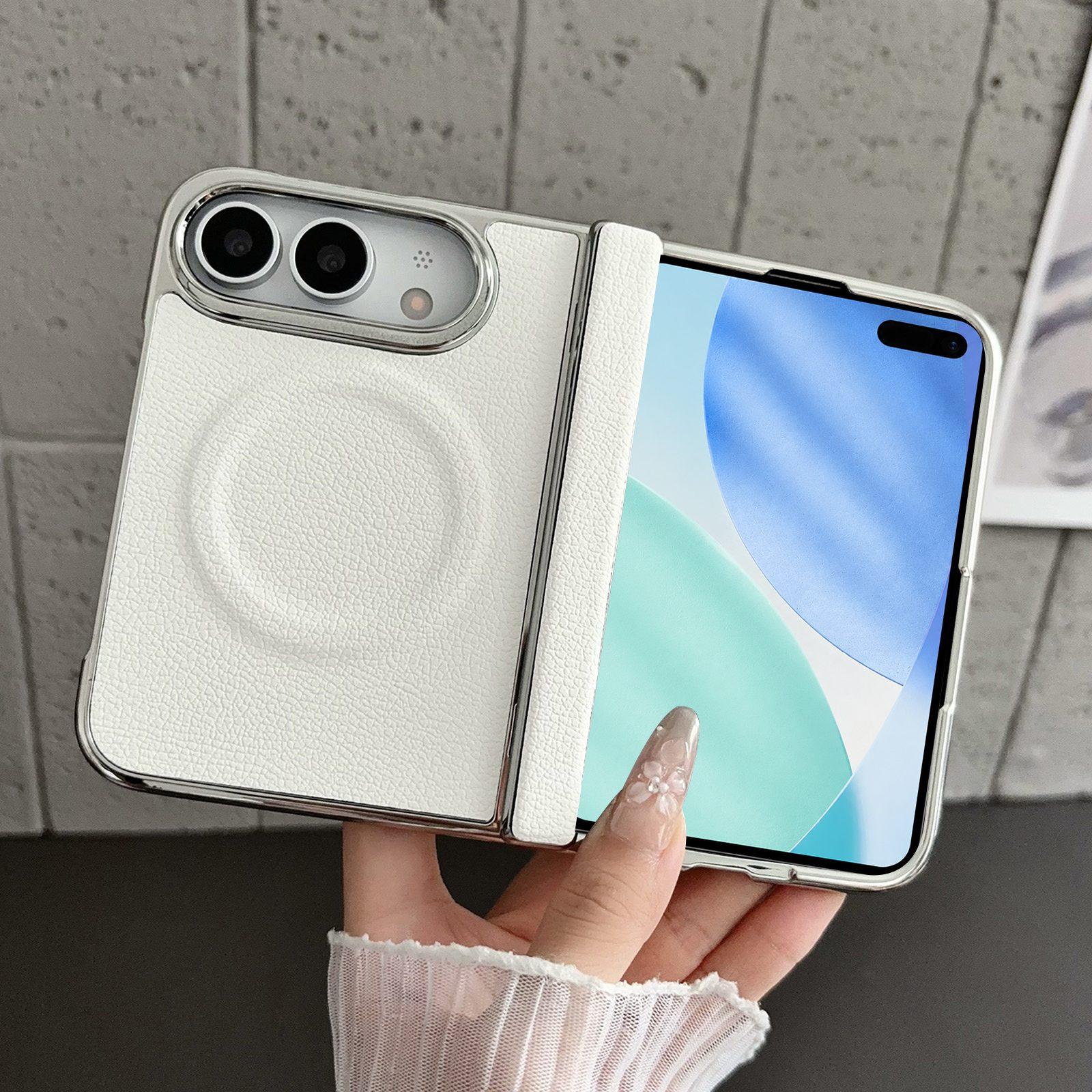 For iPhone Fold Rebound Hinge Electroplated Faux-Leather Magnetic Phone Case(White) - Shopkiz.com