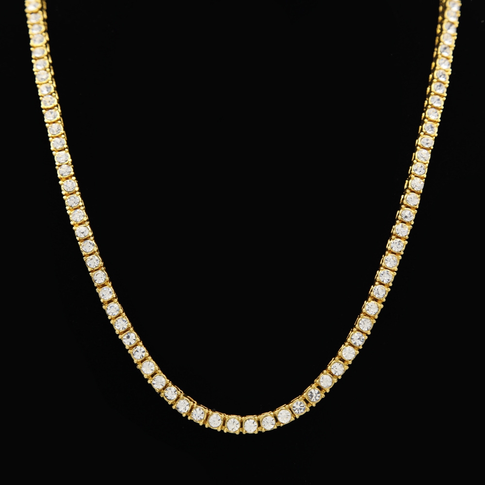 Mens Hip Hop Punk Single Row Crystal Inlaid Alloy Chain Necklace, Size: 30 inch (Gold)