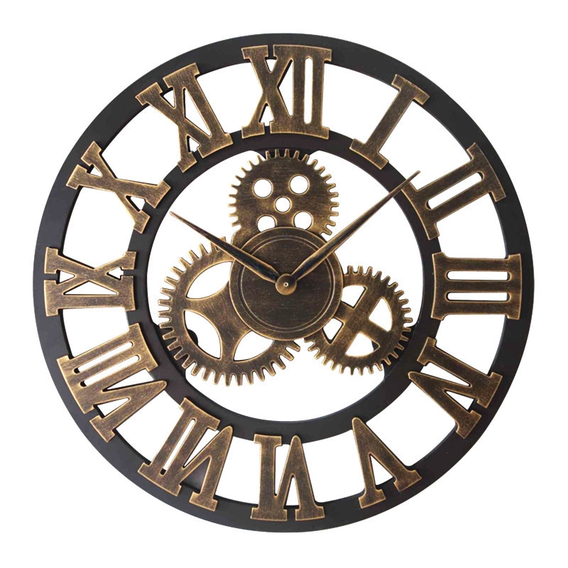 Retro Wooden Round Single-sided Gear Clock Rome Number Wall Clock, Diameter: 30cm(Gold) - Shopkiz.com