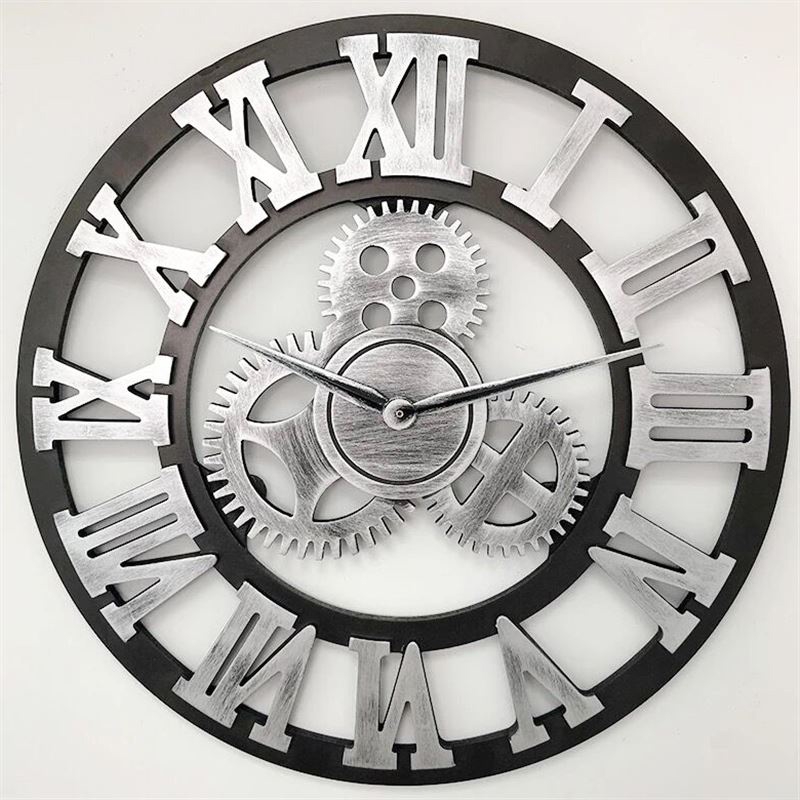 Retro Wooden Round Single-sided Gear Clock Rome Number Wall Clock, Diameter: 30cm(Silver) - Shopkiz.com