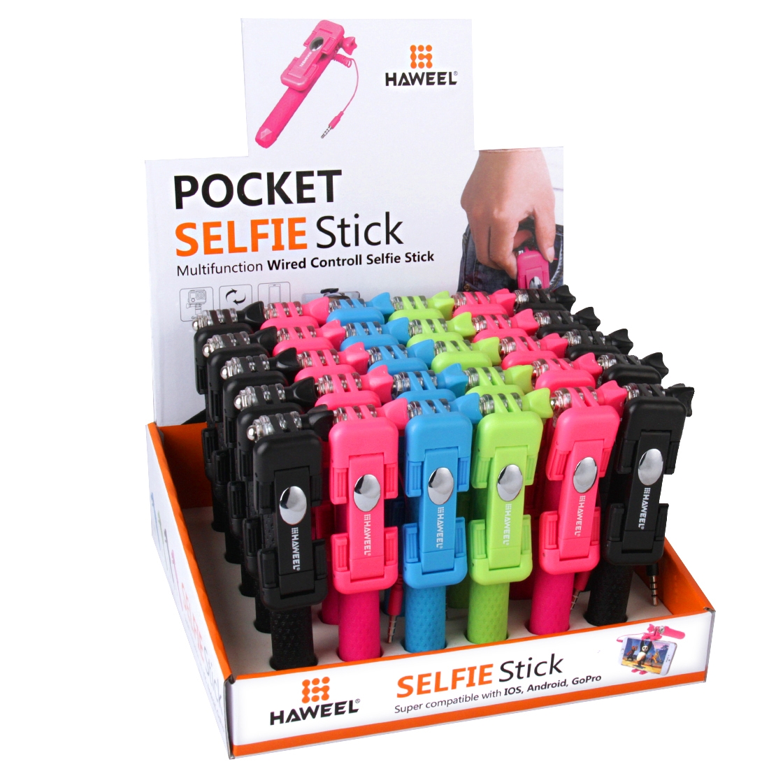 30 PCS Mixed Colors HAWEEL Mini Multifunction Wire Controlled Extendable Selfie Stick Kits with Display Stand Box, For iPhone, Galaxy, Huawei,