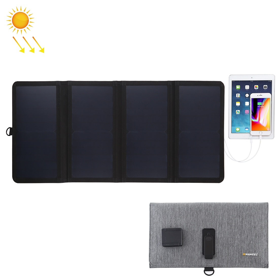 HAWEEL 28W Ultrathin 4-Fold Foldable 5V / 3A Max Solar Panel Charger with Dual USB Ports, Support QC3.0 and AFC(Black) - Shopkiz.com