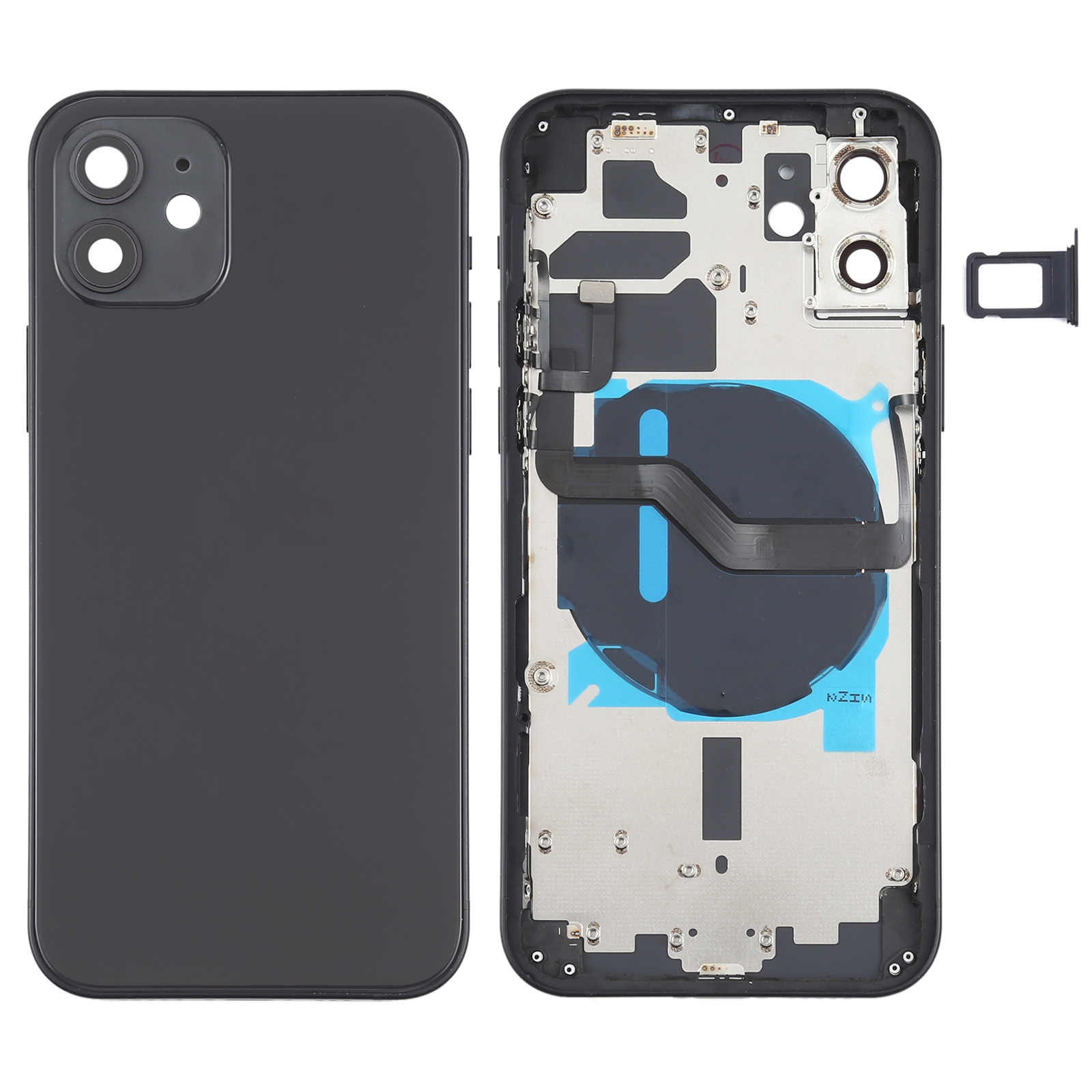 Battery Back Cover (with Side Keys & Card Tray & Power + Volume Flex Cable & Wireless Charging Module) for iPhone 12(Black) - Shopkiz.com