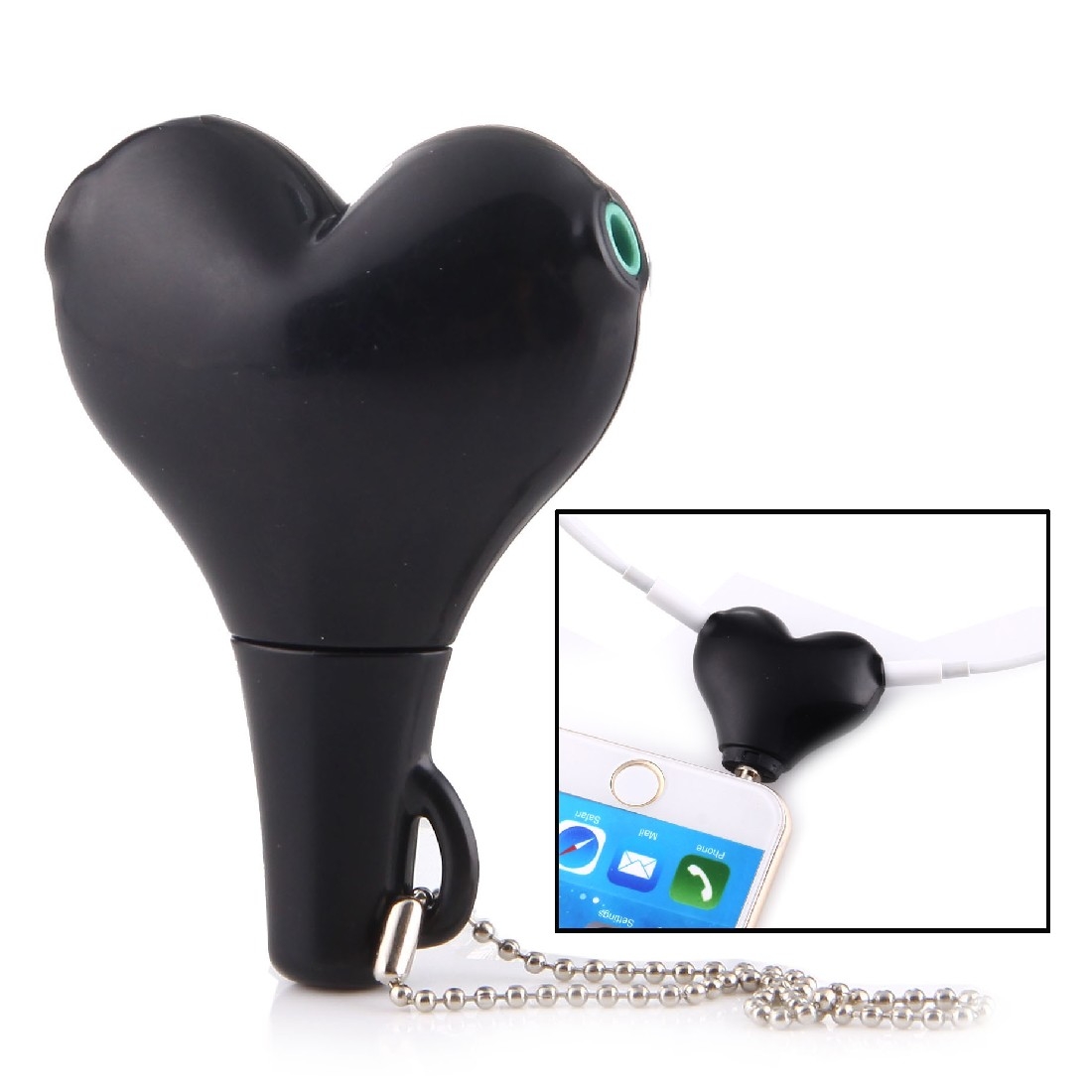 1 Male to 2 Females 3.5mm Jack Plug Multi-function Heart Shaped Earphone Audio Video Splitter Adapter with Key Chain for iPhone, iPad, iPod, Samsung,