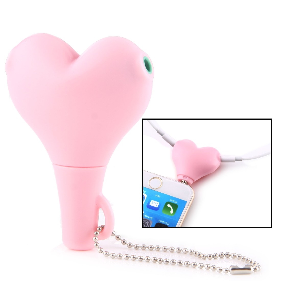 1 Male to 2 Females 3.5mm Jack Plug Multi-function Heart Shaped Earphone Audio Video Splitter Adapter with Key Chain for iPhone, iPad, iPod, Samsung,