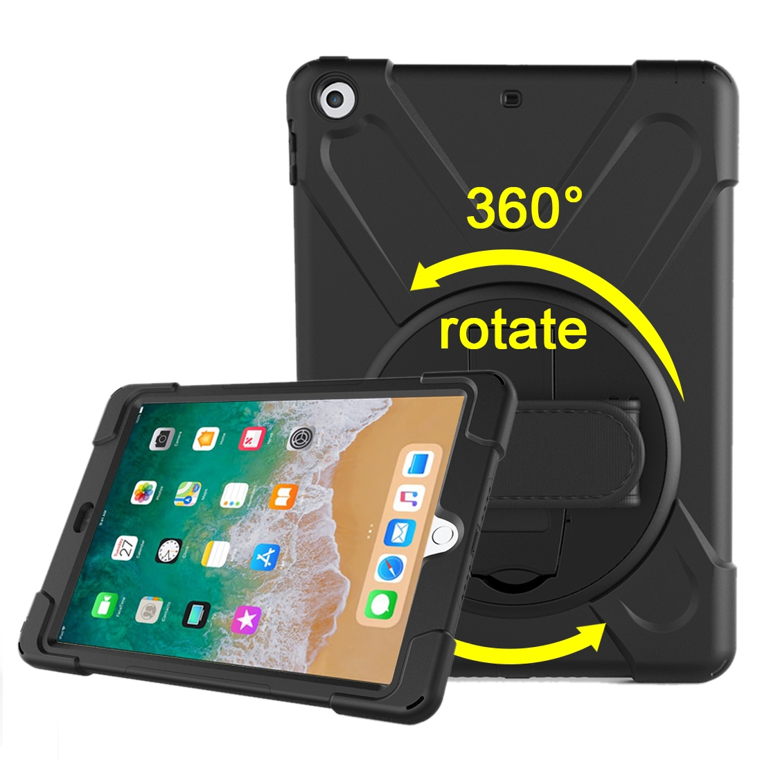 For iPad 9.7 (2018) & iPad 9.7 (2017) 360 Degree Rotation PC + Silicone Protective Case with Holder & Hand-strap(Black) - Shopkiz.com