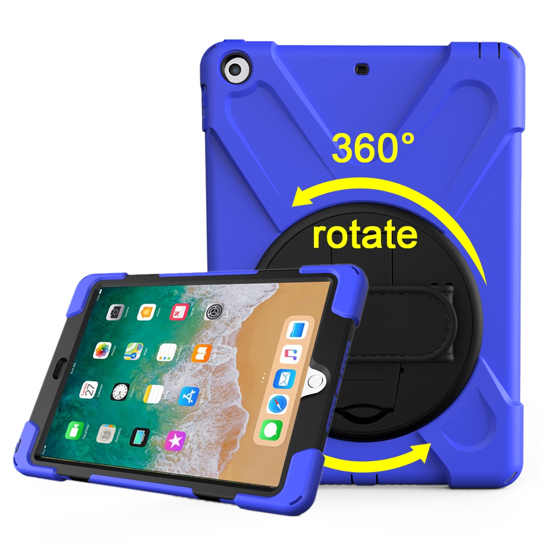 For iPad 9.7 (2018) & iPad 9.7 (2017) 360 Degree Rotation PC + Silicone Protective Case with Holder & Hand-strap(Dark Blue) - Shopkiz.com