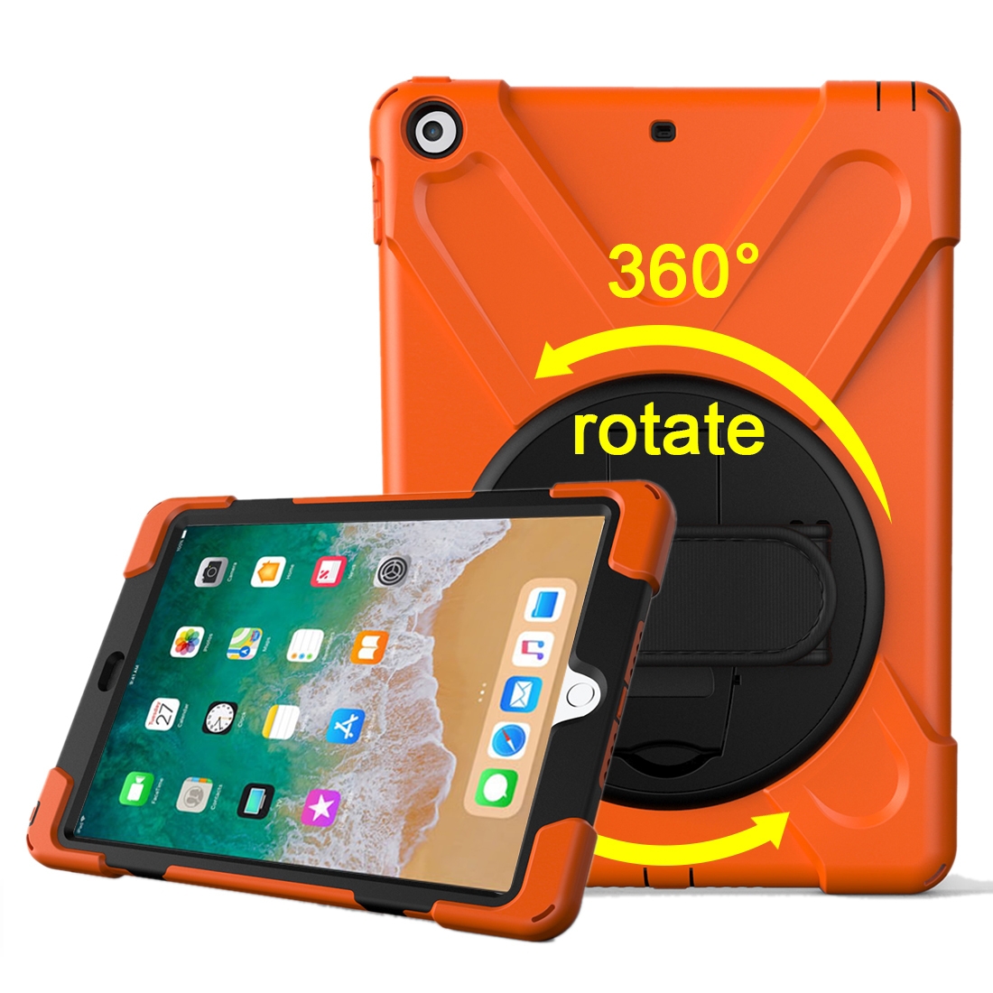 For iPad 9.7 inch (2017) 360 Degree Rotation PC + Silicone Protective Case with Holder & Hand-strap(Orange) - Shopkiz.com