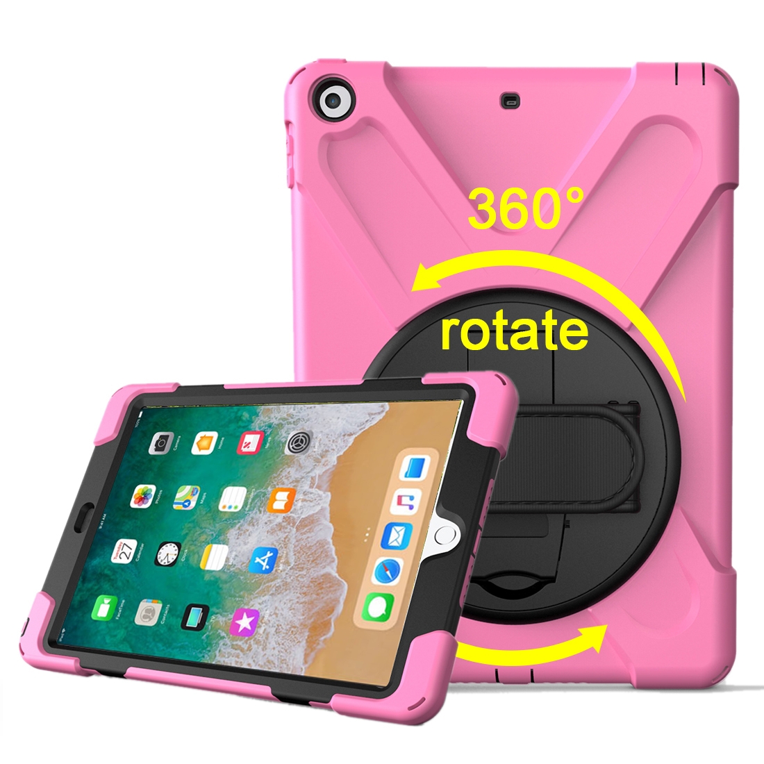 For iPad 9.7 (2018) & iPad 9.7 (2017) 360 Degree Rotation PC + Silicone Protective Case with Holder & Hand-strap(Pink) - Shopkiz.com